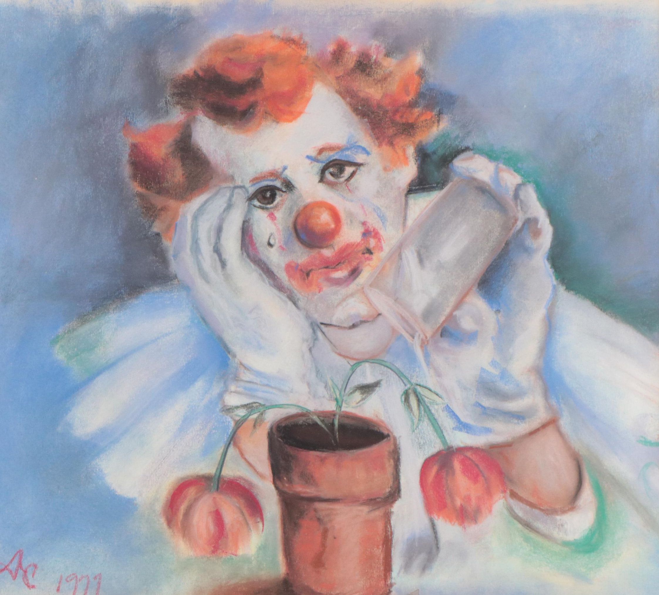 Pastel Drawing of a Sad Clown Watering Flowers, 1977