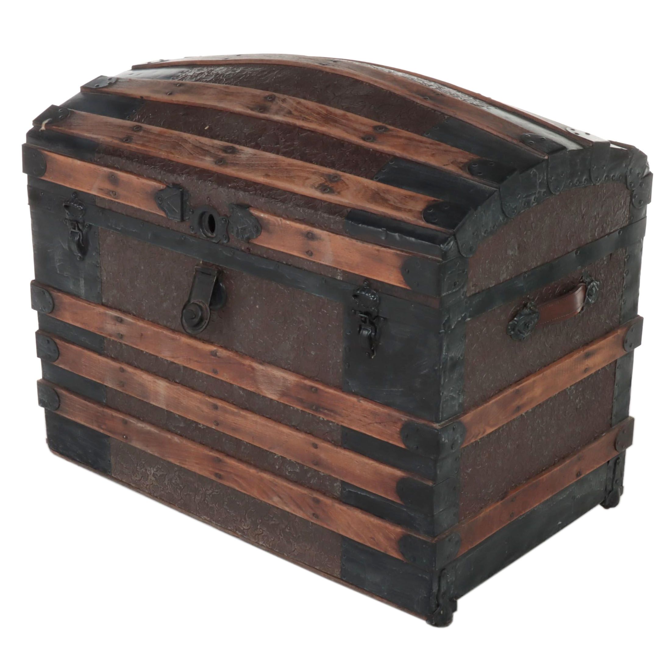 Late Victorian Metal-Clad and Slatted Wood Dome Top Steamer Trunk