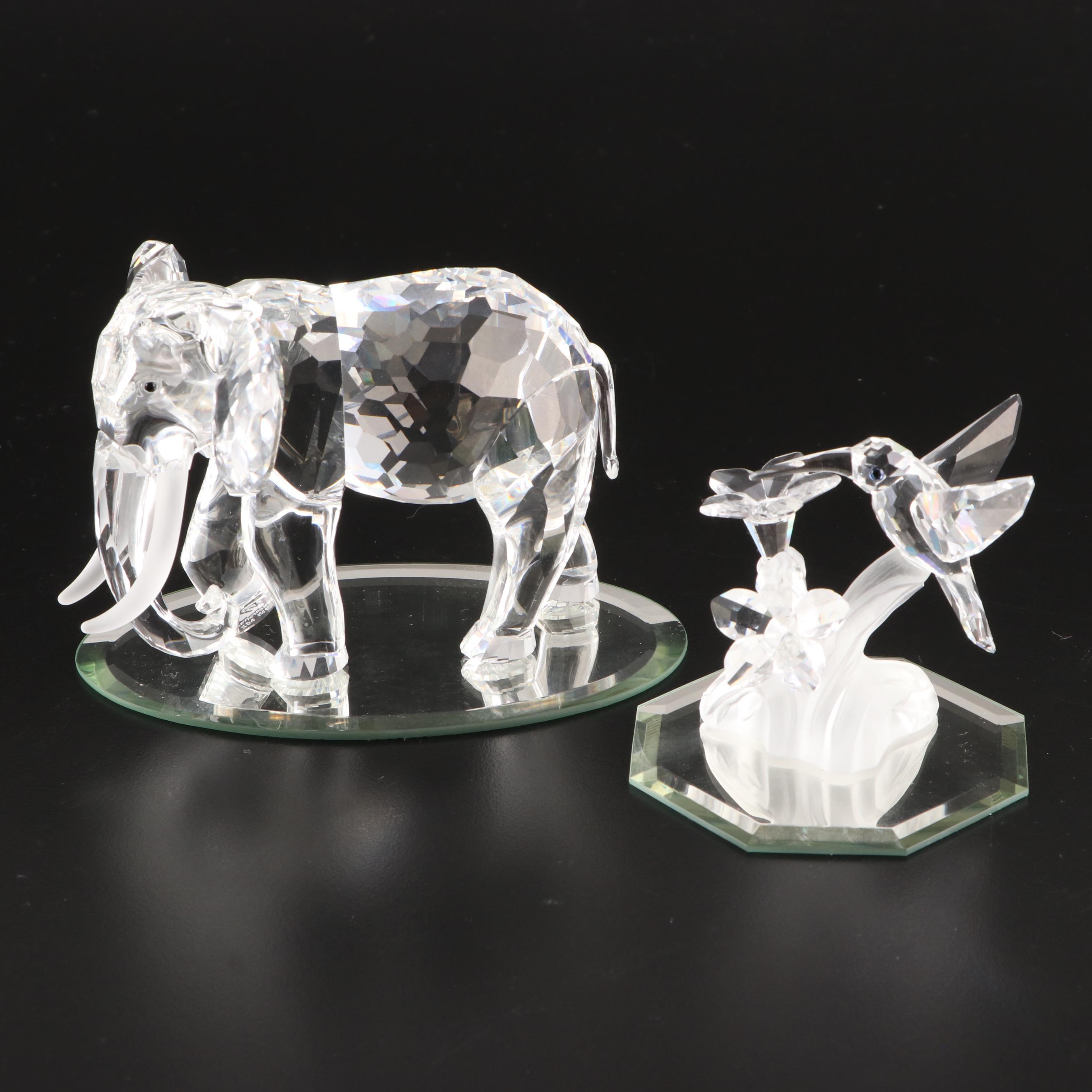 Swarovski Crystal Elephant and Hummingbird Figurines with Mirrored Stands