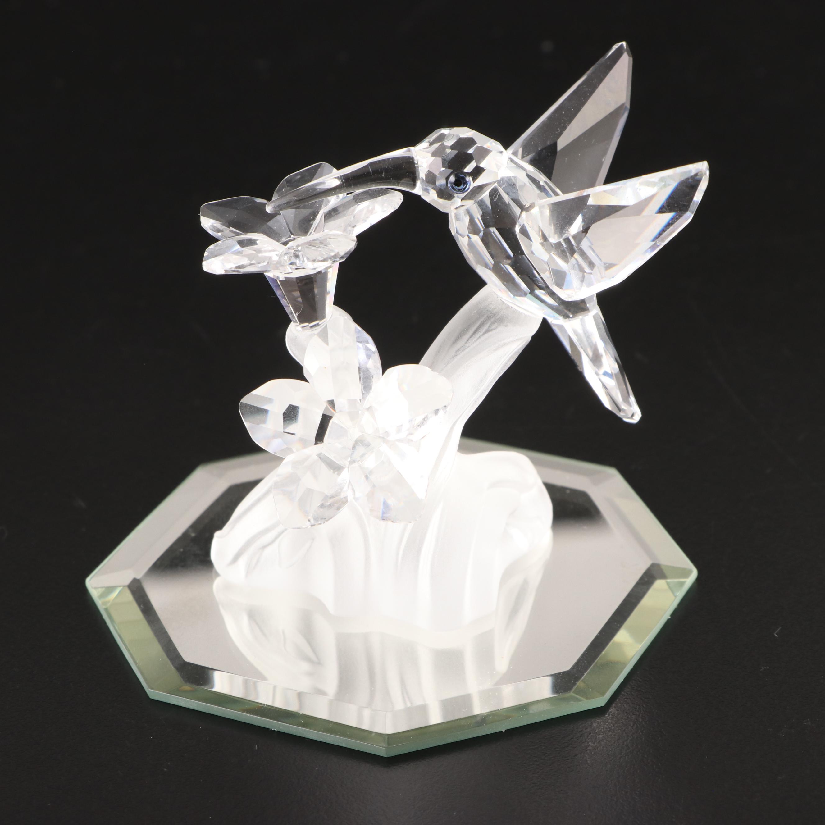 Swarovski Crystal Elephant and Hummingbird Figurines with Mirrored Stands