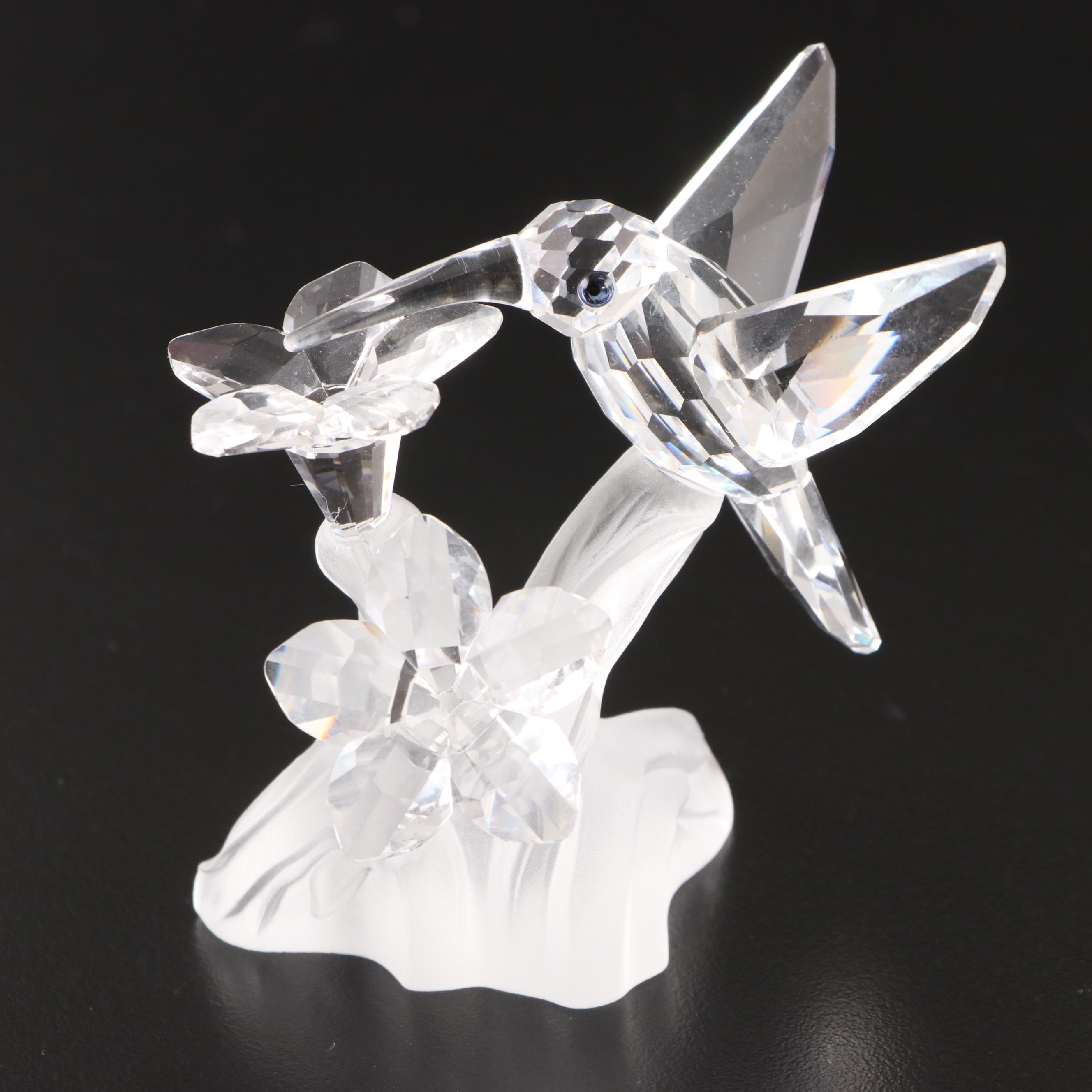 Swarovski Crystal Elephant and Hummingbird Figurines with Mirrored Stands