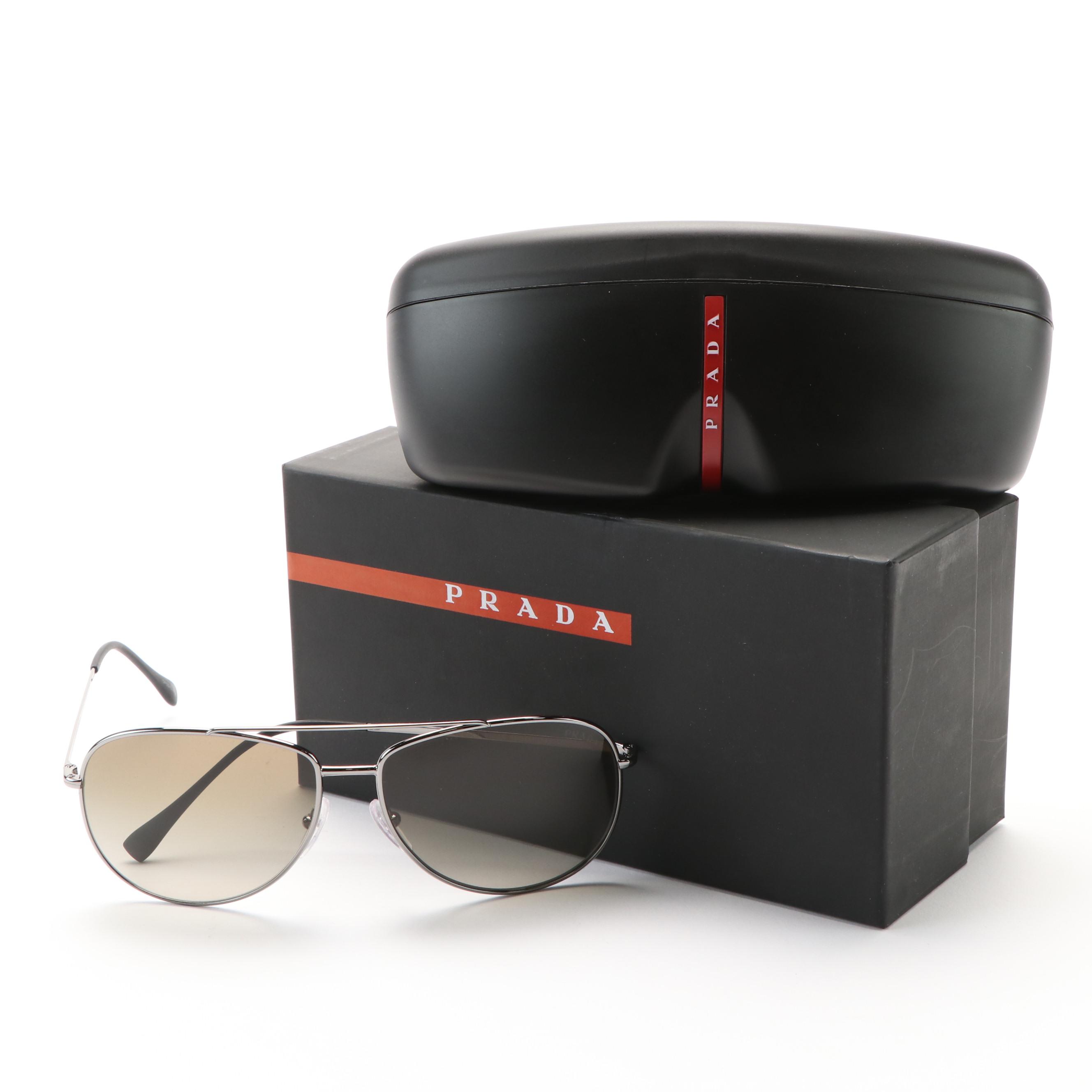 Prada Sport Linea Rossa 0PS55US Gunmetal Aviator Sunglasses with Case and Box