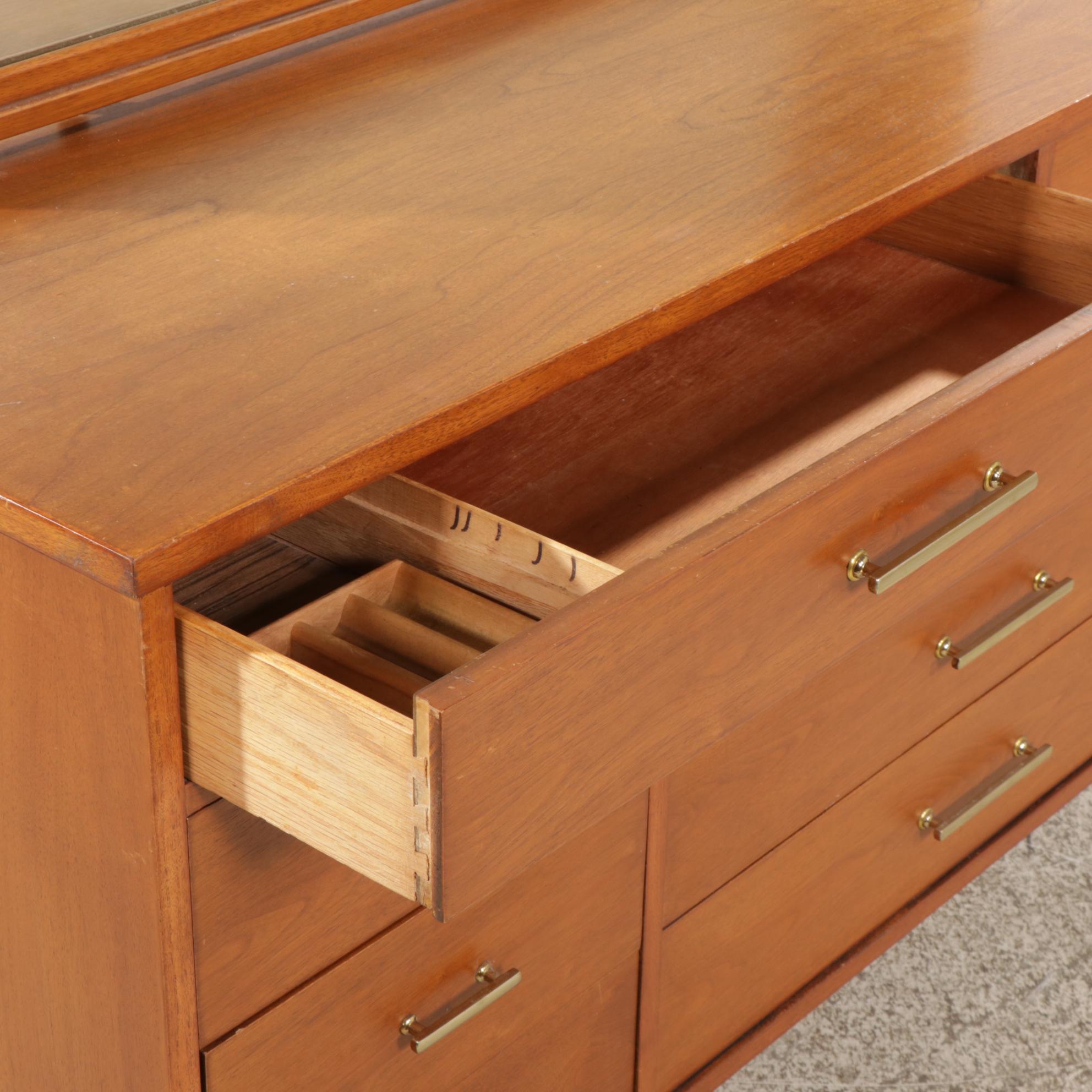 Drexel "Biscayne" Mid Century Modern Walnut Dresser and Mirror