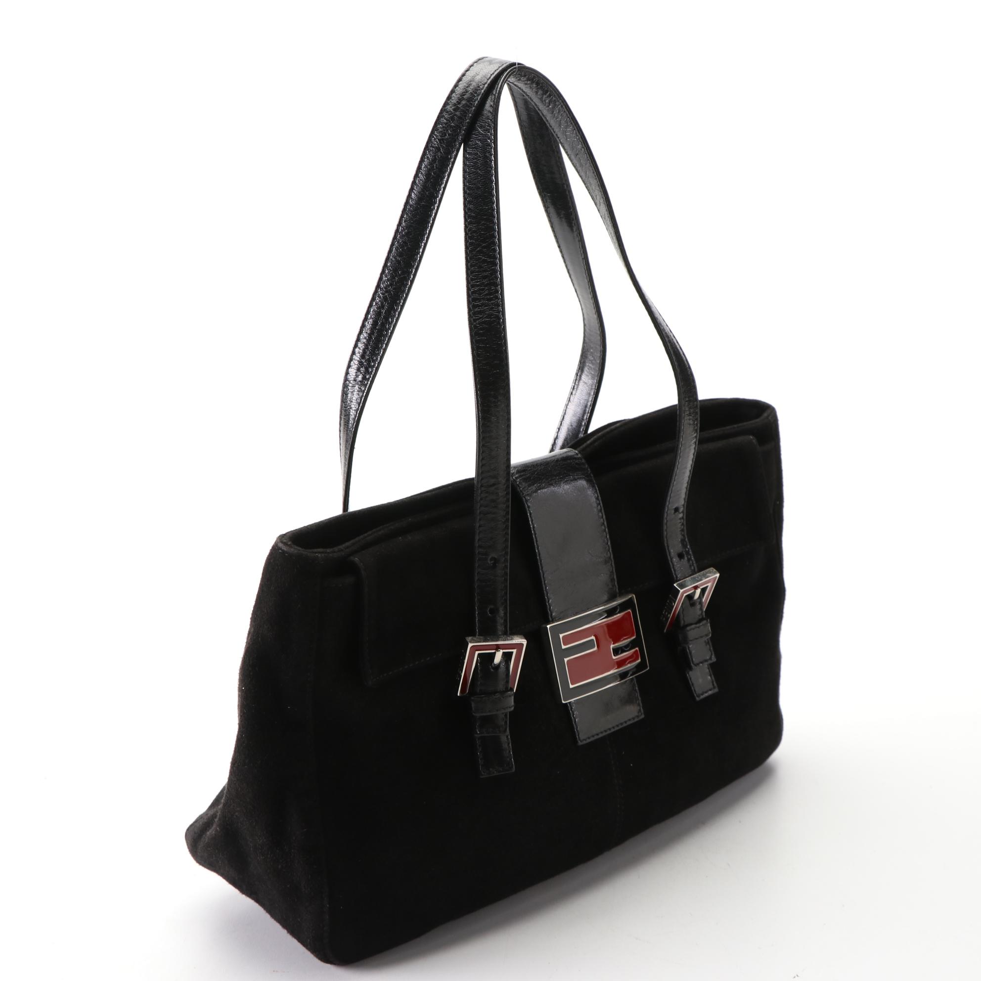 Fendi Shoulder Bag in Black Suede with Leather Trim and Red Enamel Accents