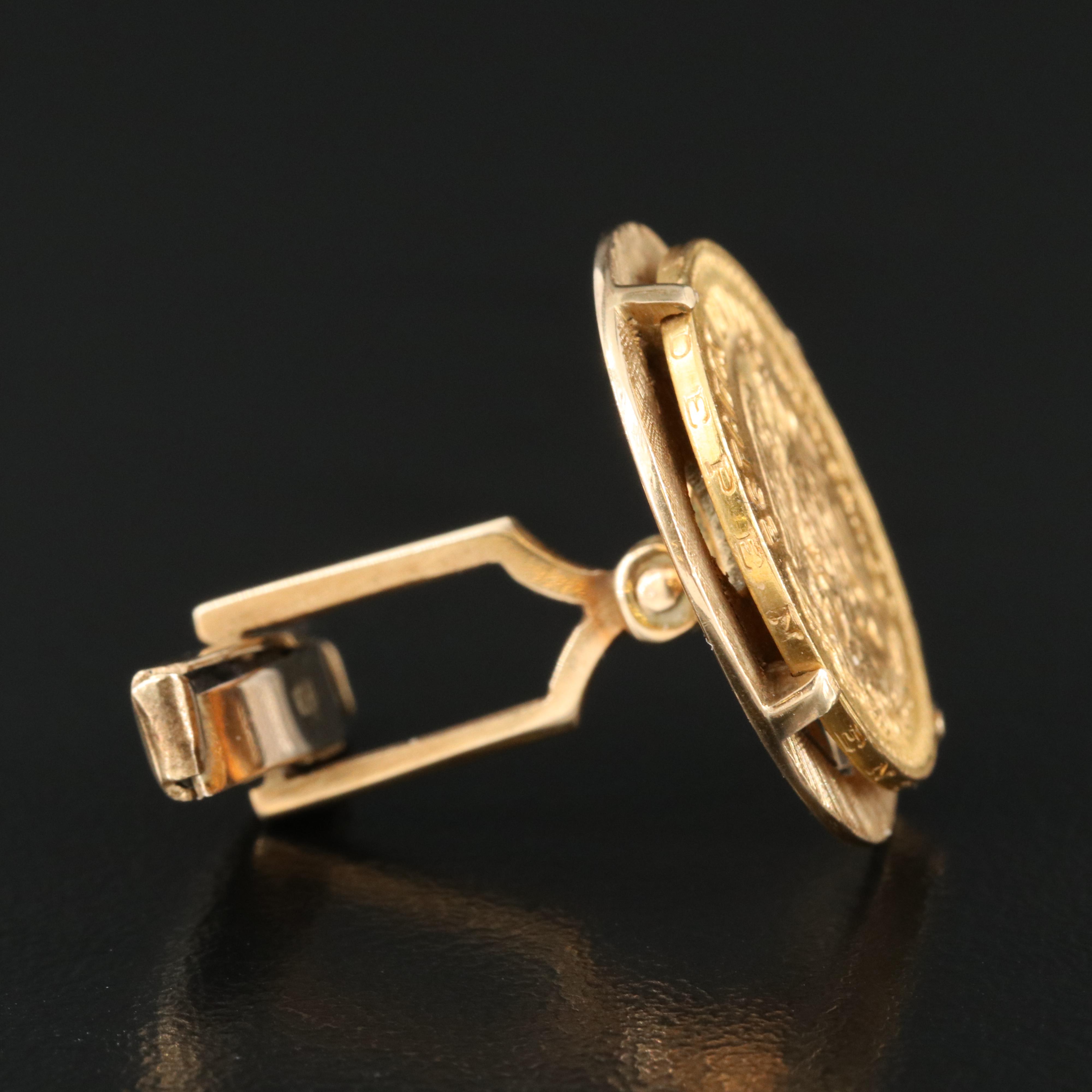 14K Cufflinks with 1955 Mexican Five Pesos Gold Coin and Replica Coin