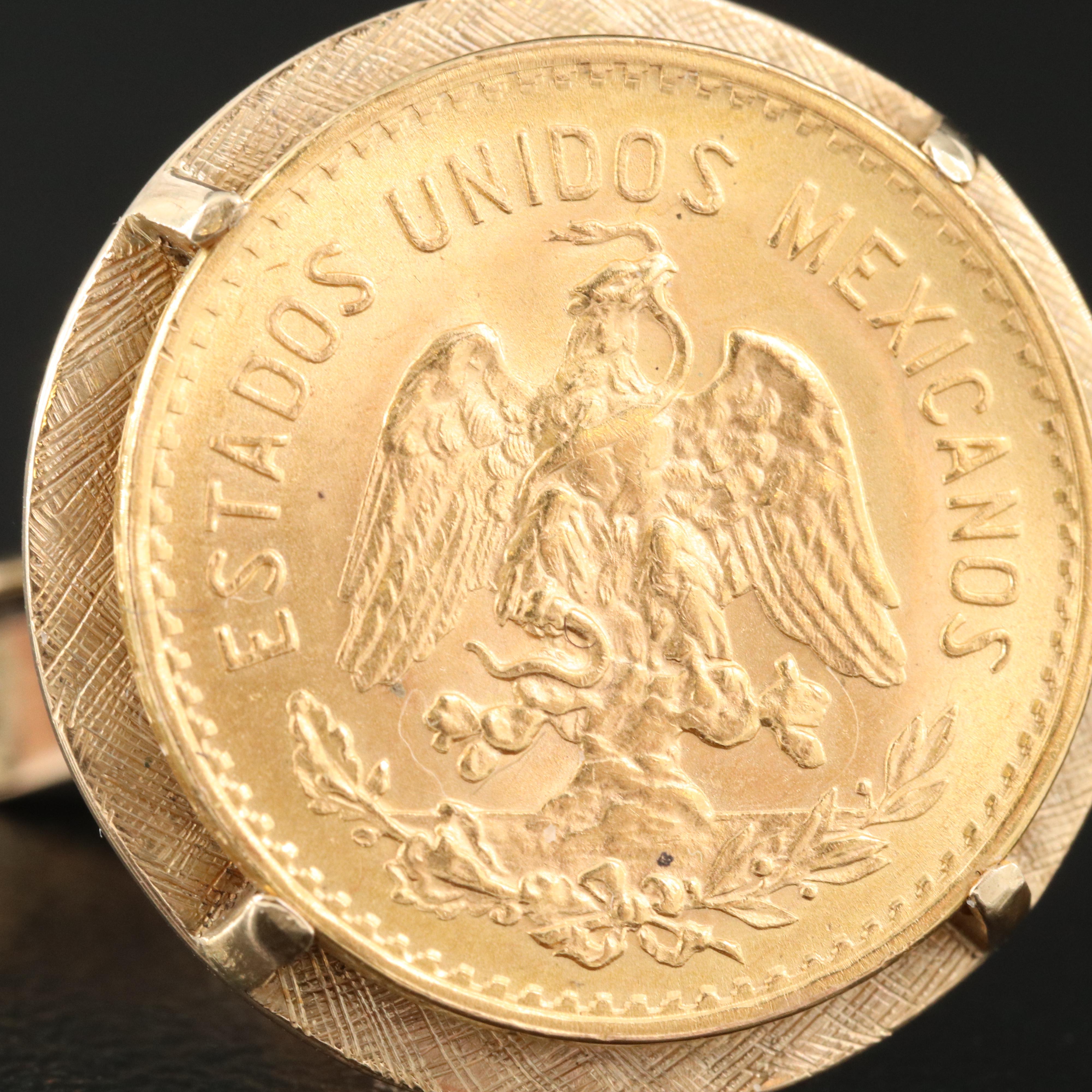 14K Cufflinks with 1955 Mexican Five Pesos Gold Coin and Replica Coin