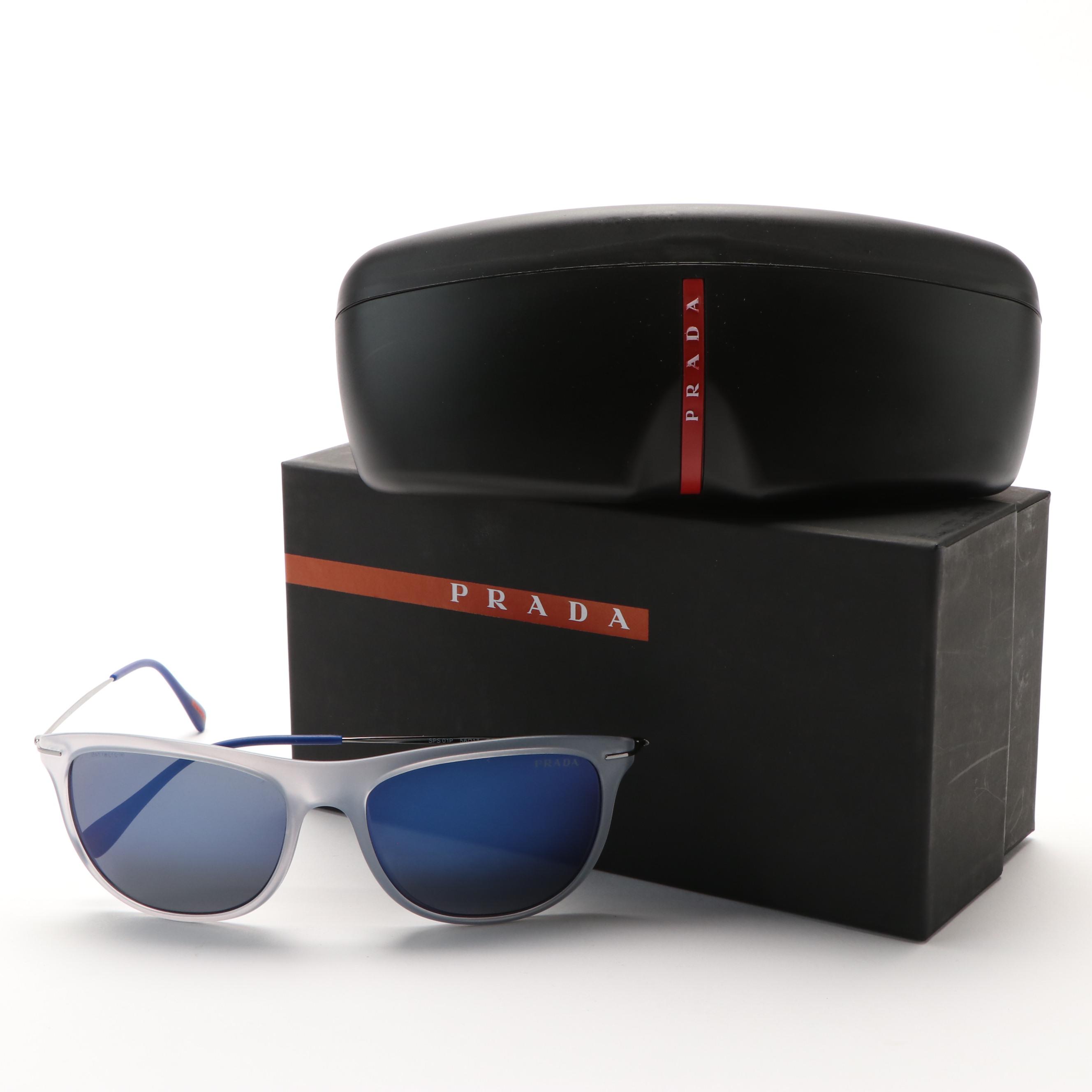 Prada Sport PS01PS Light Gray Mirror Blue Sunglasses with Case and Box