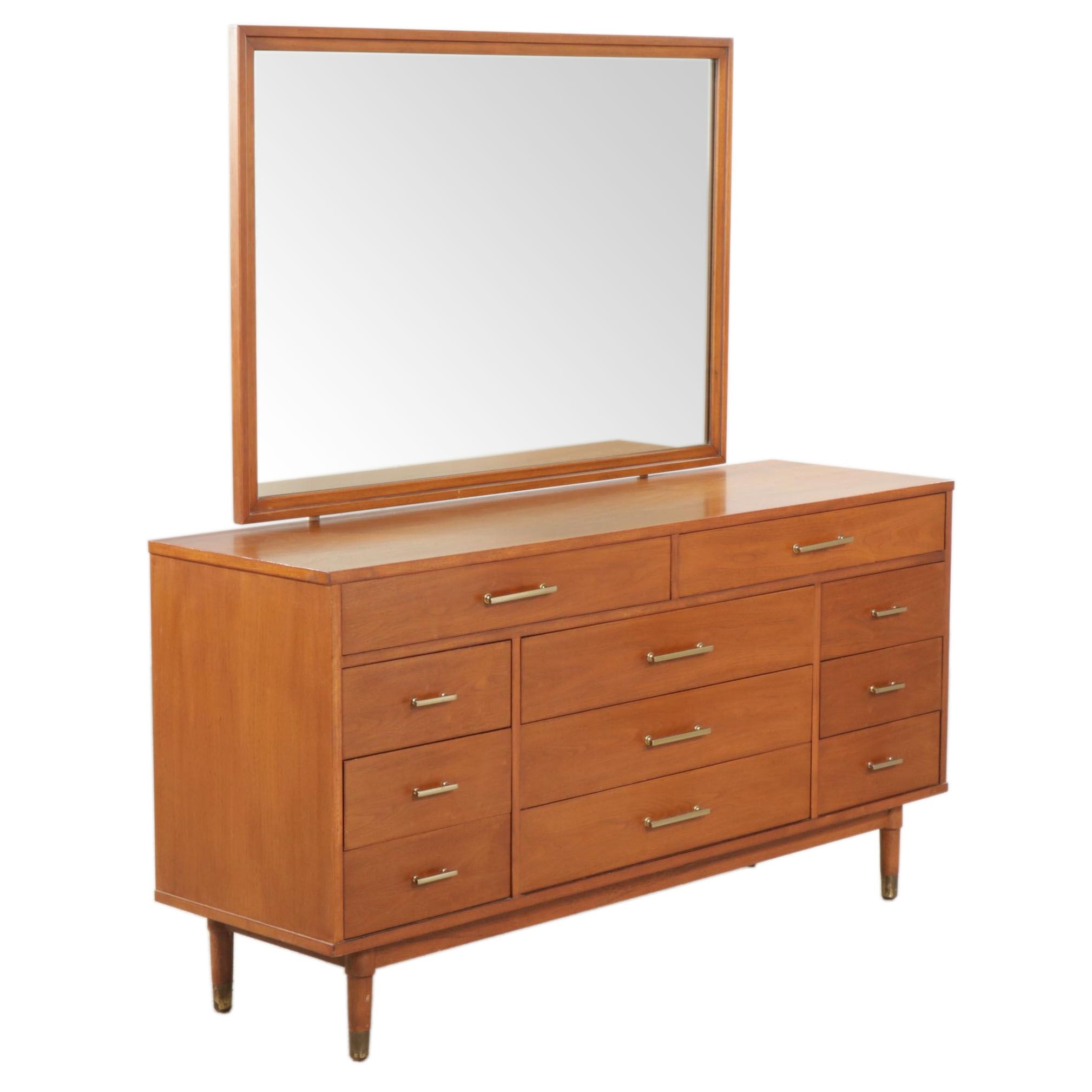 Drexel "Biscayne" Mid Century Modern Walnut Dresser and Mirror