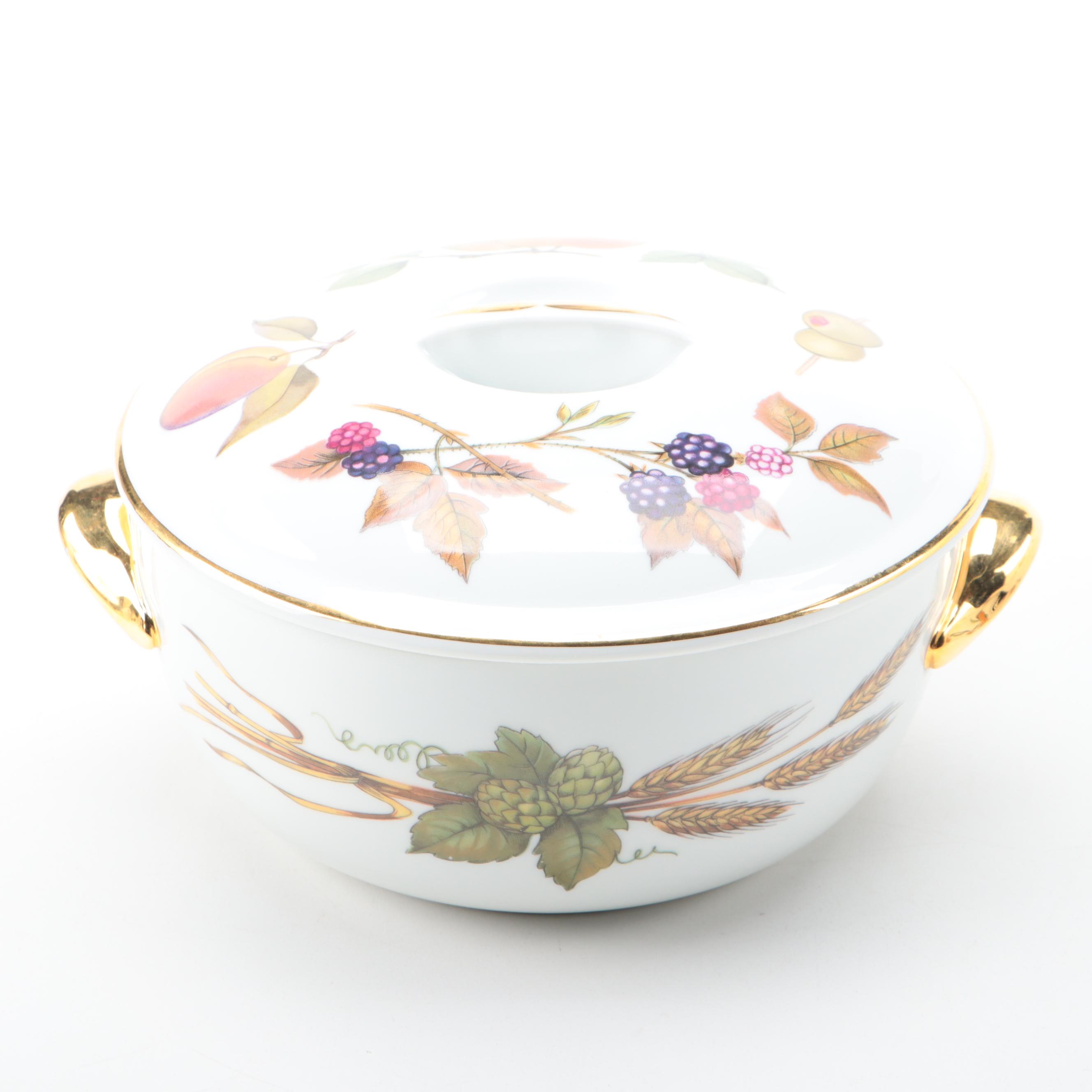 Royal Worcester "Evesham" Ceramic Casseroles with Brass Napkin Rings and Trivet