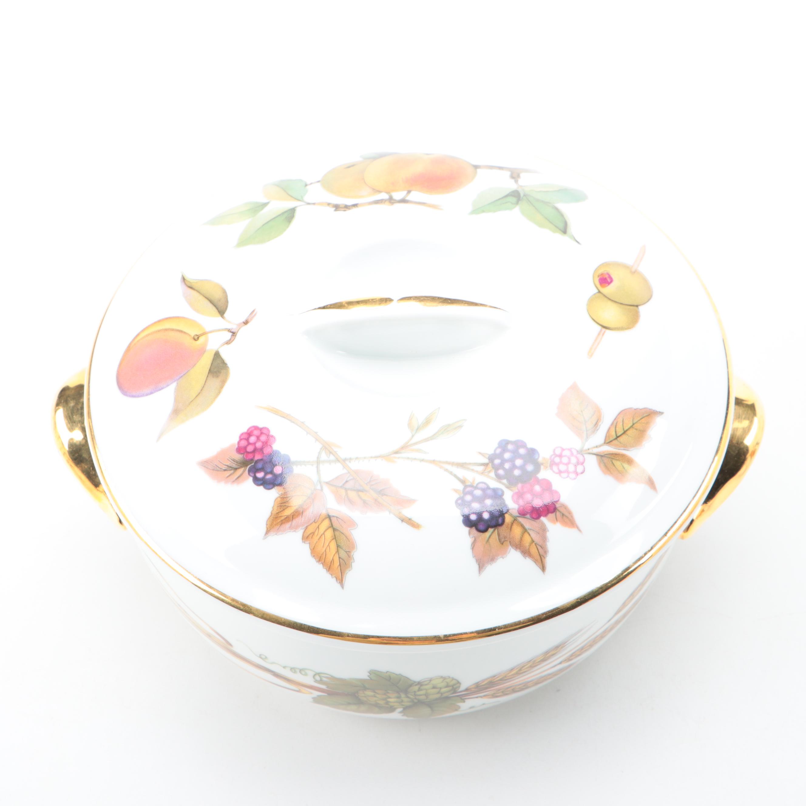 Royal Worcester "Evesham" Ceramic Casseroles with Brass Napkin Rings and Trivet