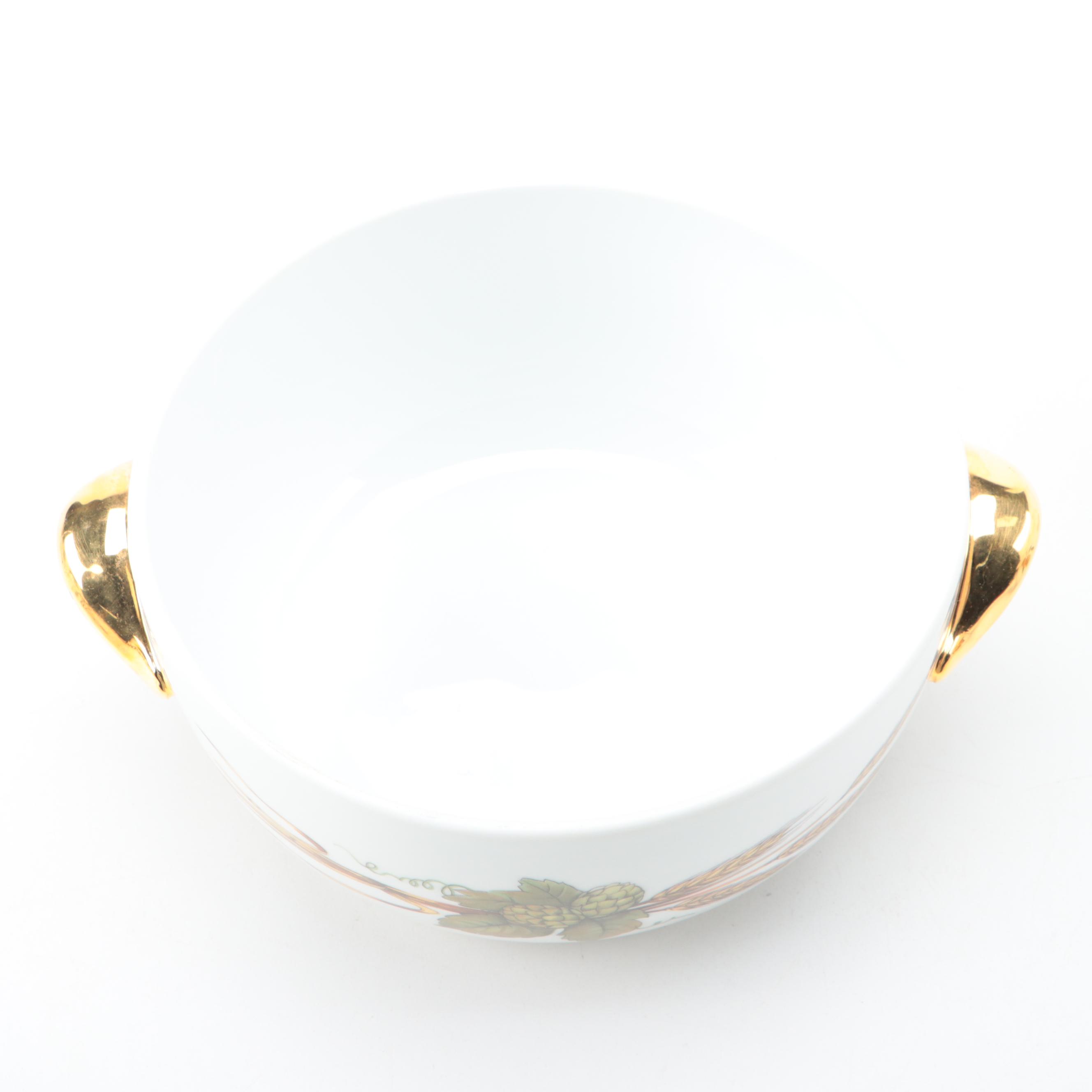 Royal Worcester "Evesham" Ceramic Casseroles with Brass Napkin Rings and Trivet