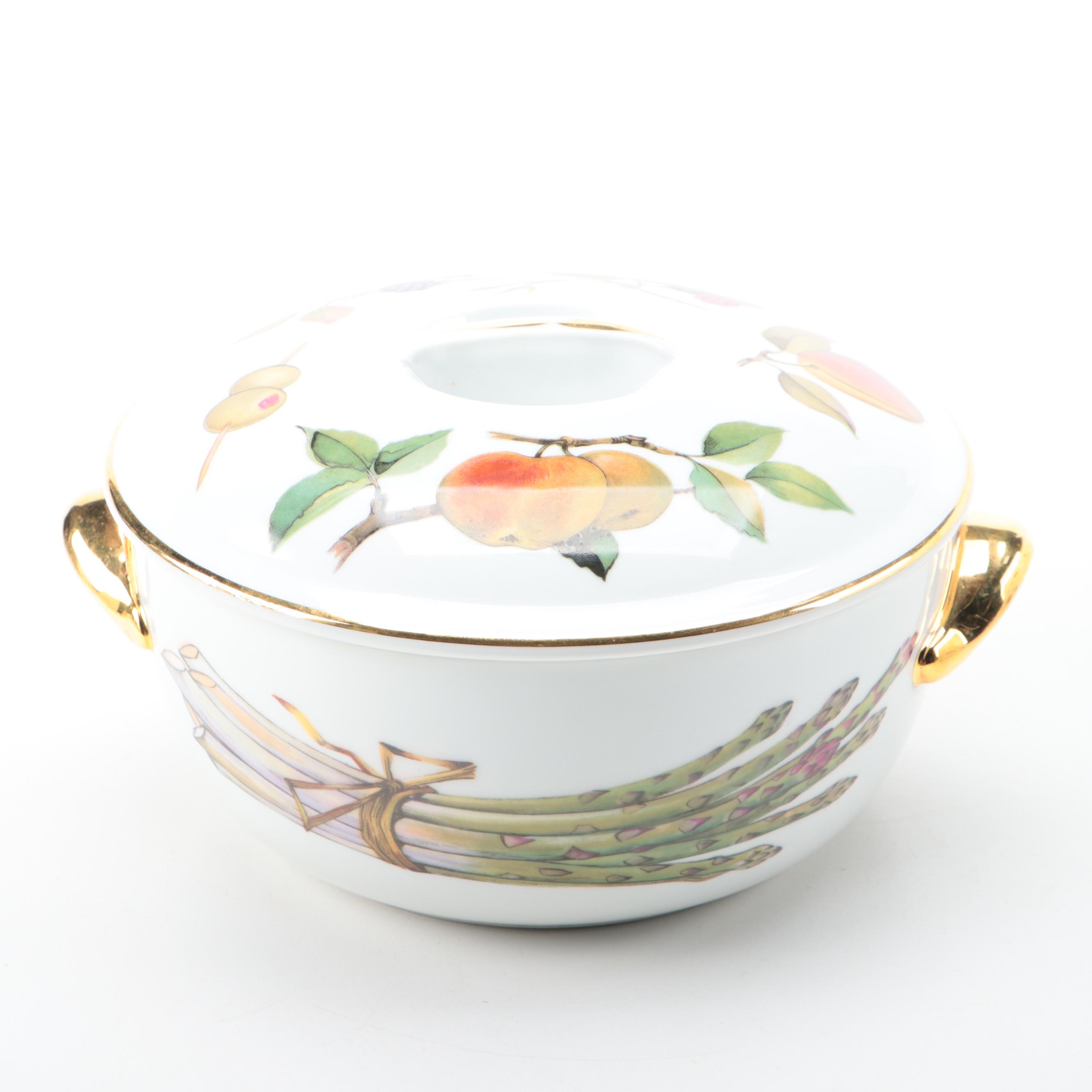 Royal Worcester "Evesham" Ceramic Casseroles with Brass Napkin Rings and Trivet