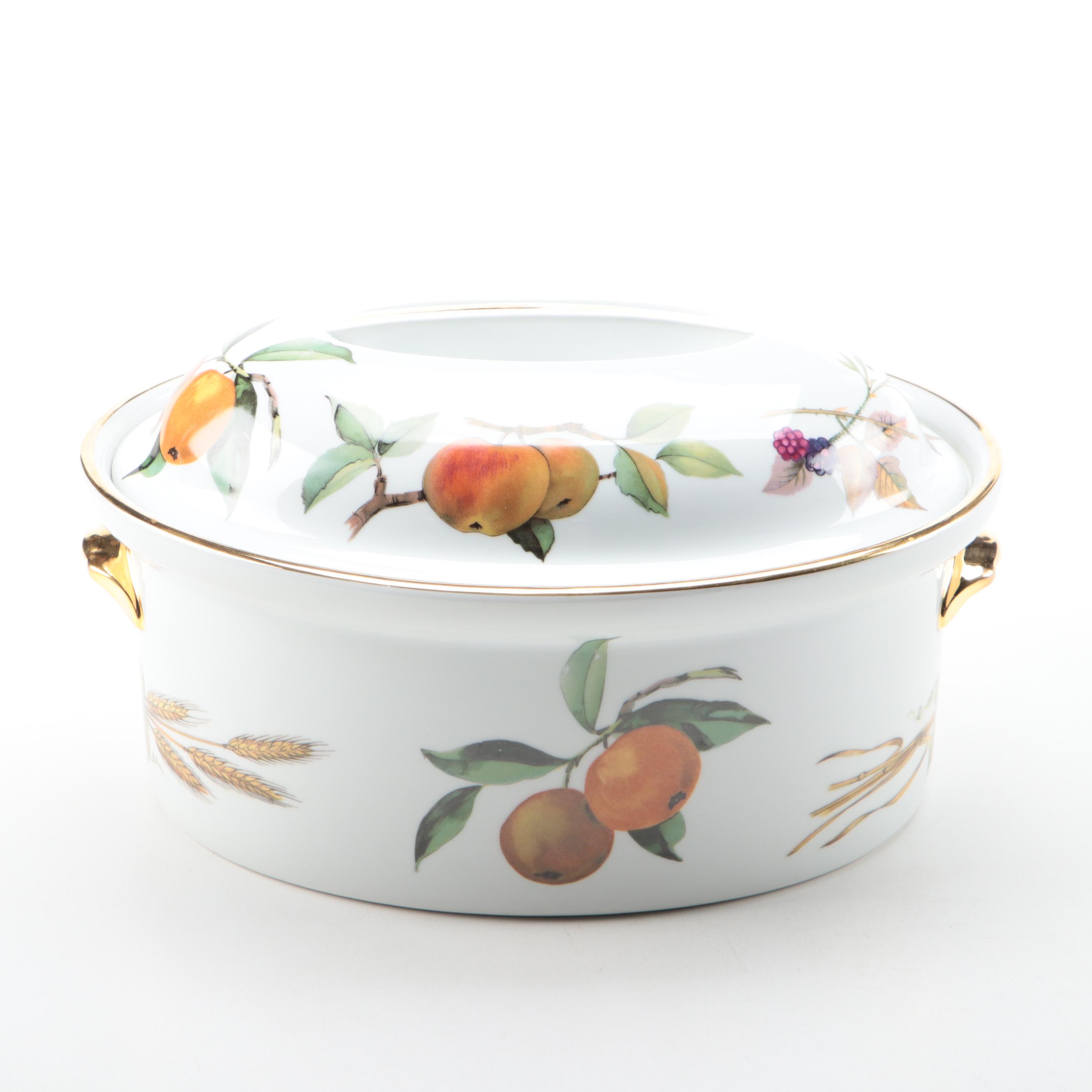Royal Worcester "Evesham" Ceramic Casseroles with Brass Napkin Rings and Trivet