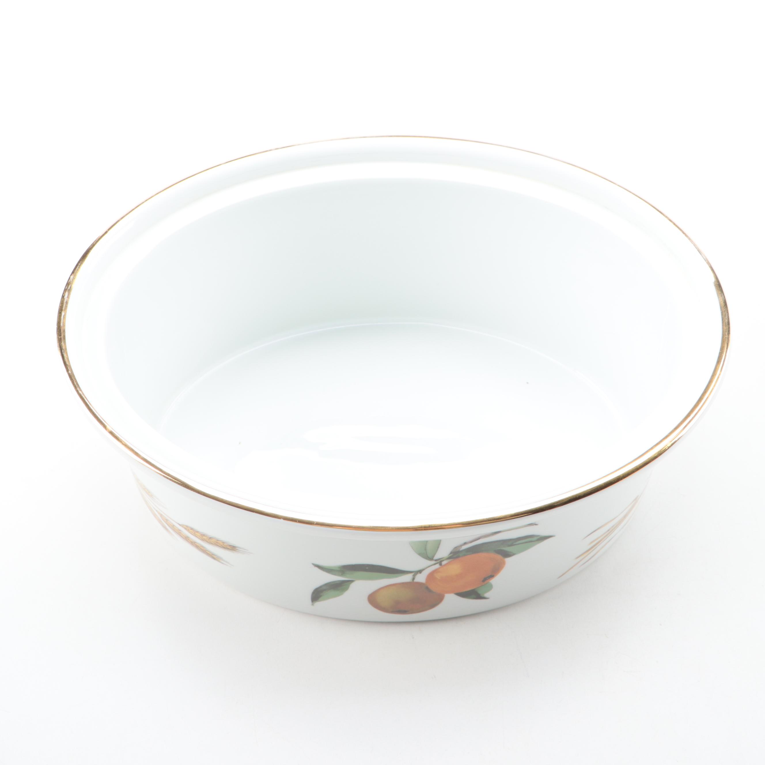 Royal Worcester "Evesham" Ceramic Casseroles with Brass Napkin Rings and Trivet