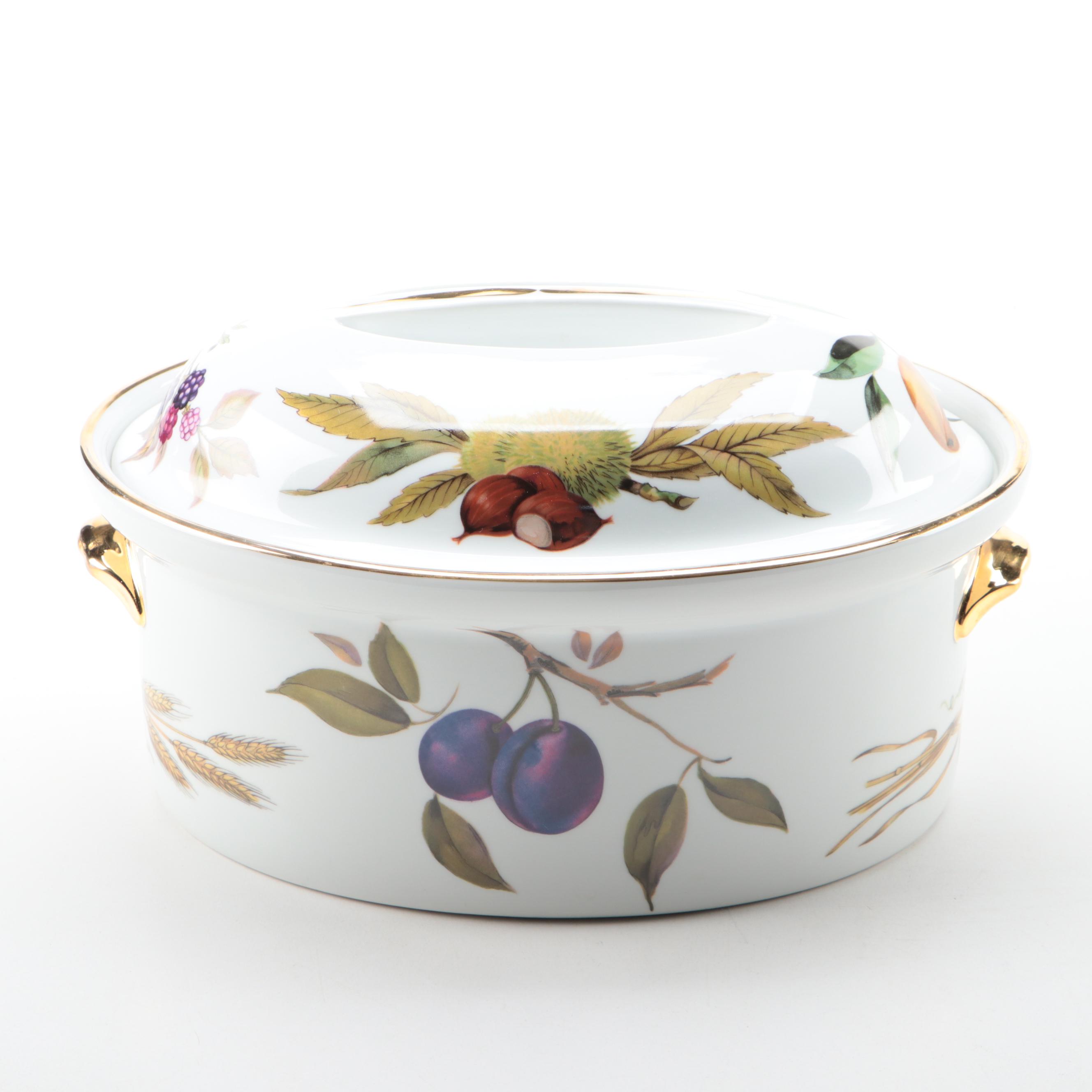 Royal Worcester "Evesham" Ceramic Casseroles with Brass Napkin Rings and Trivet