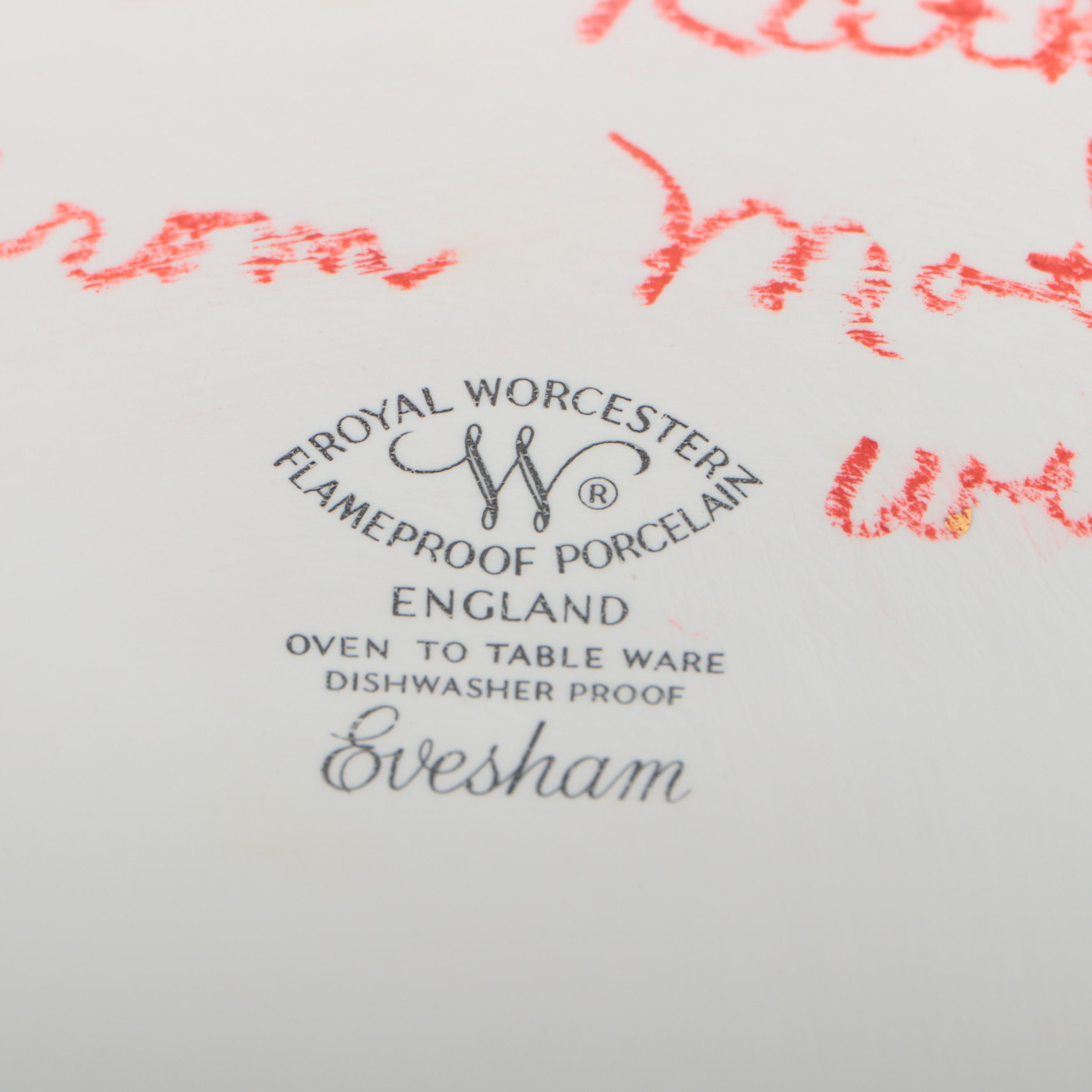 Royal Worcester "Evesham" Ceramic Casseroles with Brass Napkin Rings and Trivet