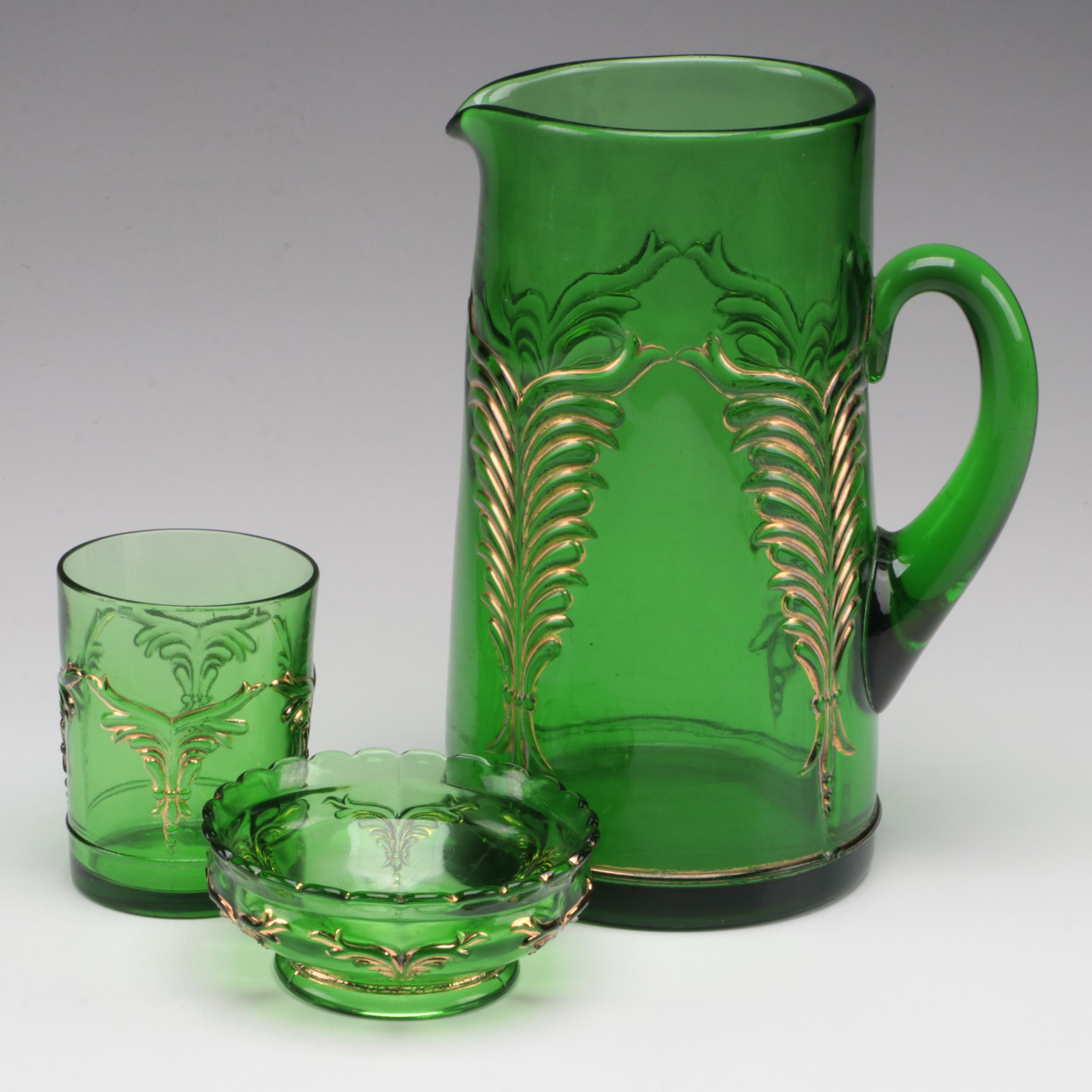 Heisey "Winged Scroll" Emerald Glass Pitcher, Bowl and Tumbler