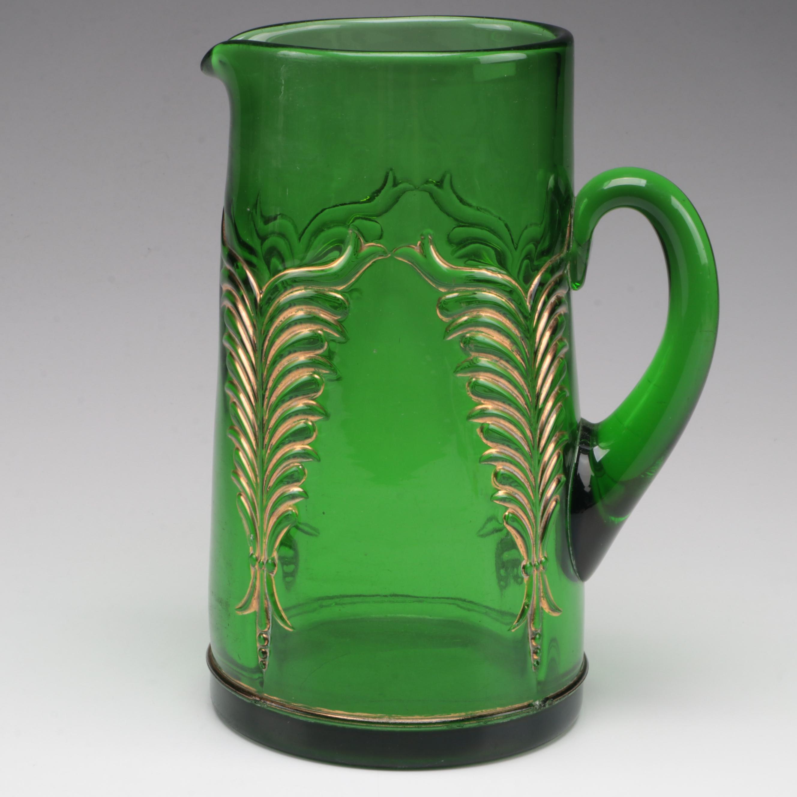 Heisey "Winged Scroll" Emerald Glass Pitcher, Bowl and Tumbler
