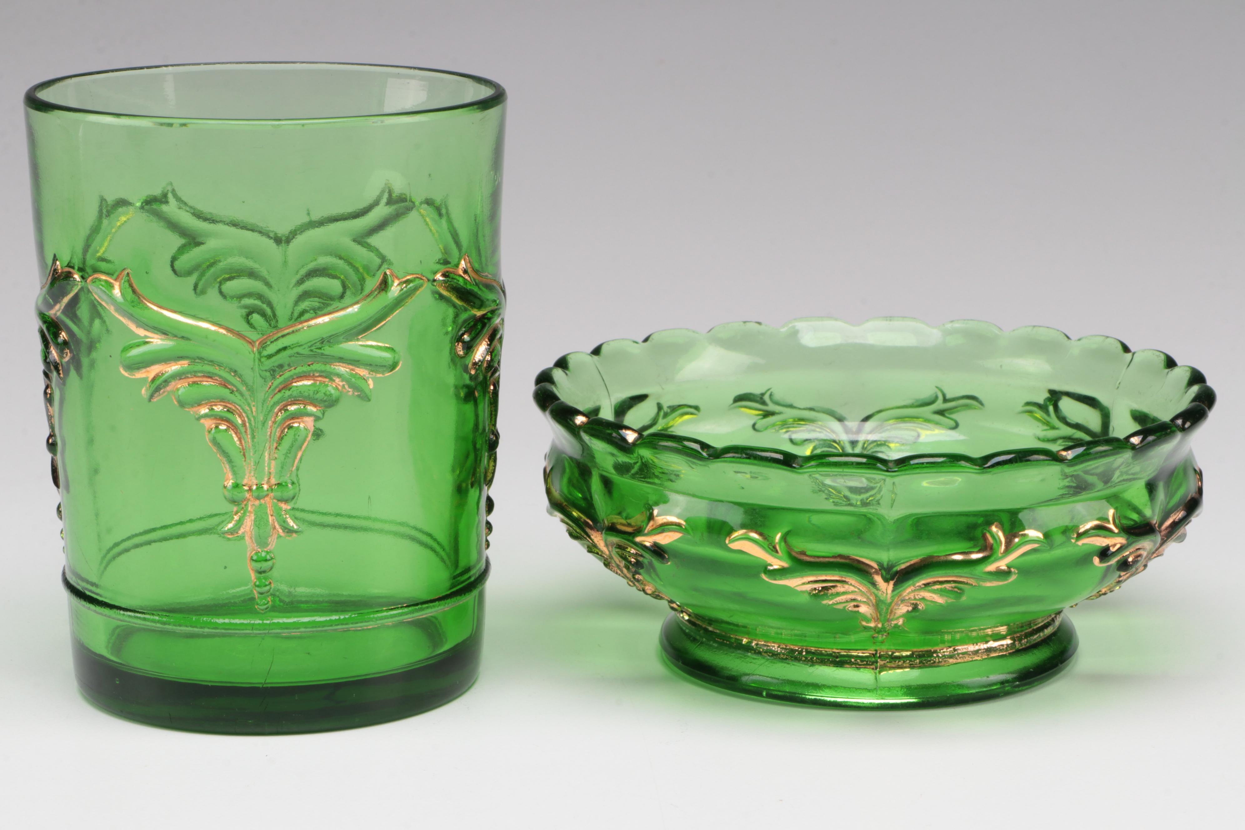 Heisey "Winged Scroll" Emerald Glass Pitcher, Bowl and Tumbler