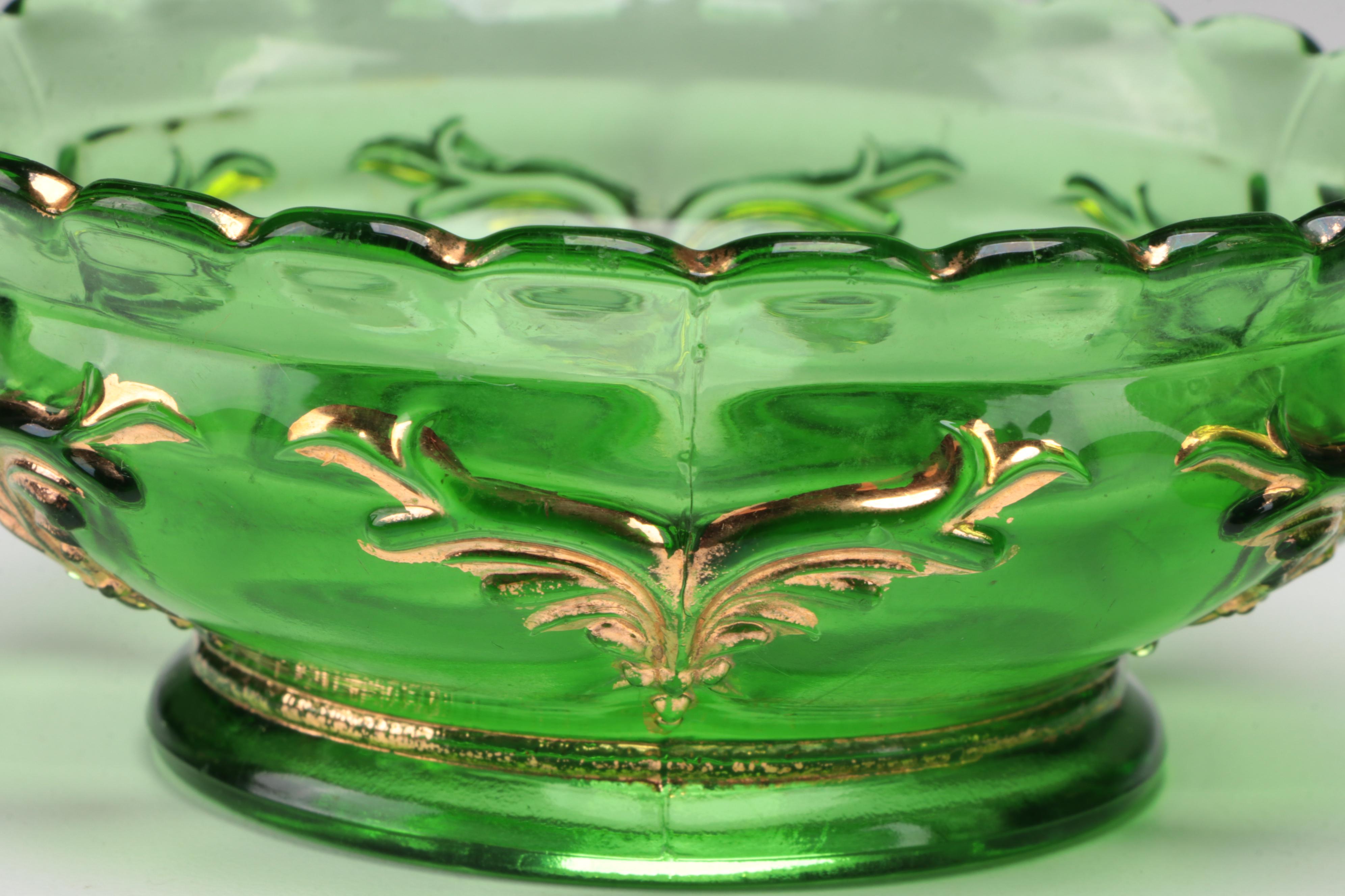 Heisey "Winged Scroll" Emerald Glass Pitcher, Bowl and Tumbler