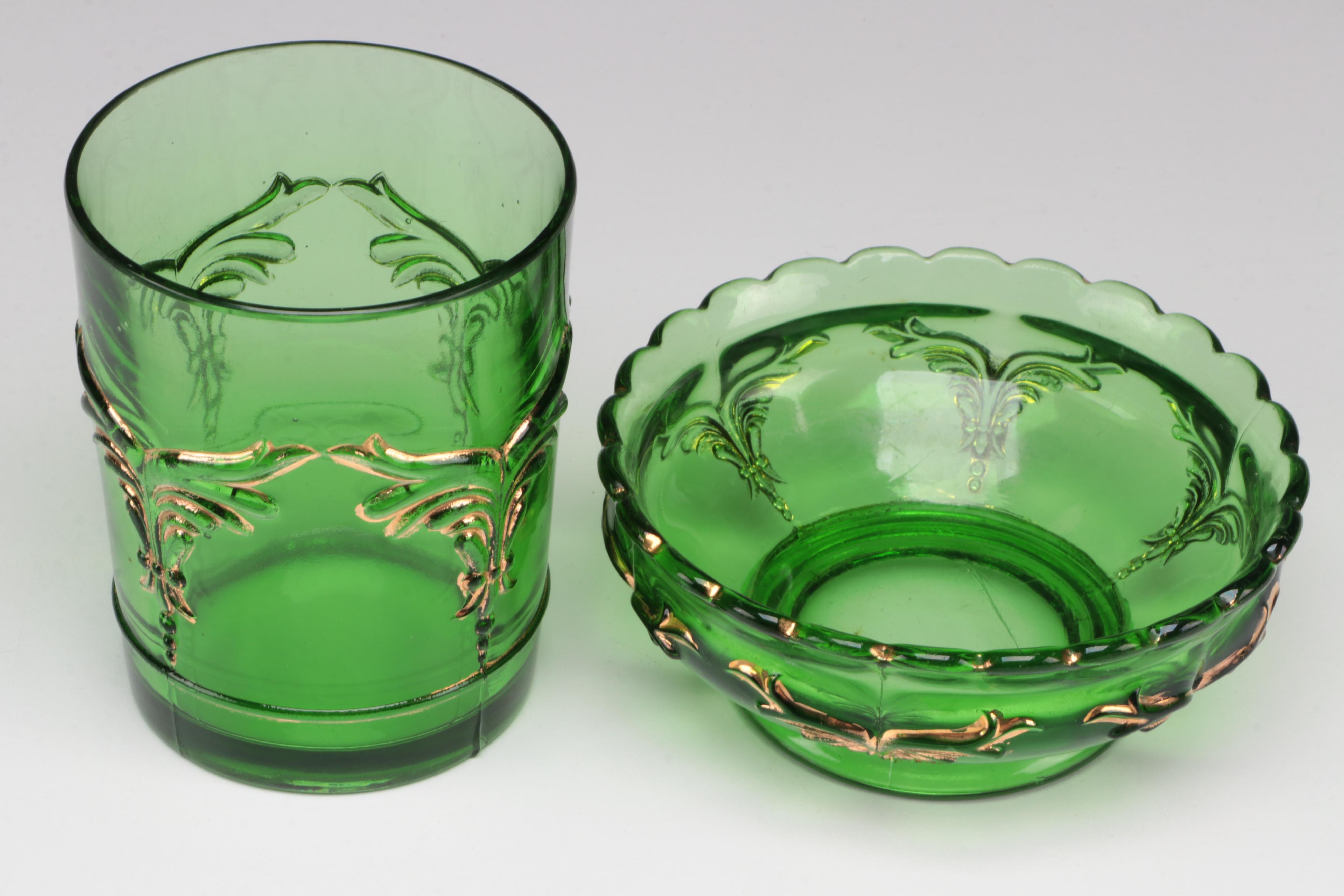 Heisey "Winged Scroll" Emerald Glass Pitcher, Bowl and Tumbler