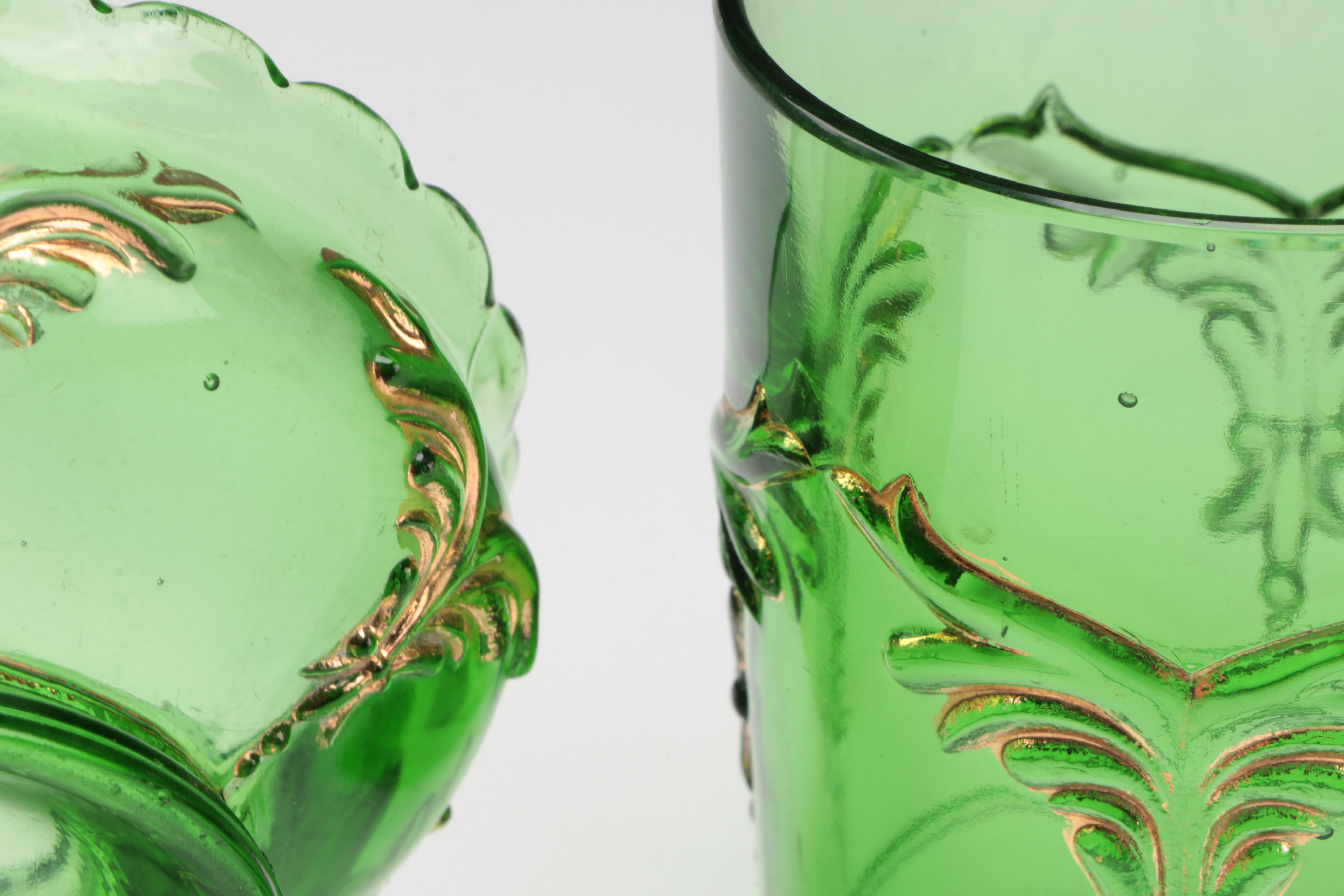 Heisey "Winged Scroll" Emerald Glass Pitcher, Bowl and Tumbler