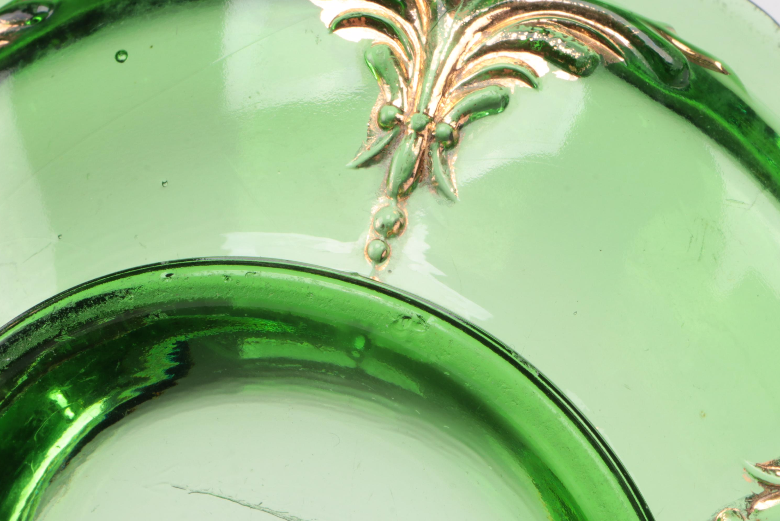 Heisey "Winged Scroll" Emerald Glass Pitcher, Bowl and Tumbler