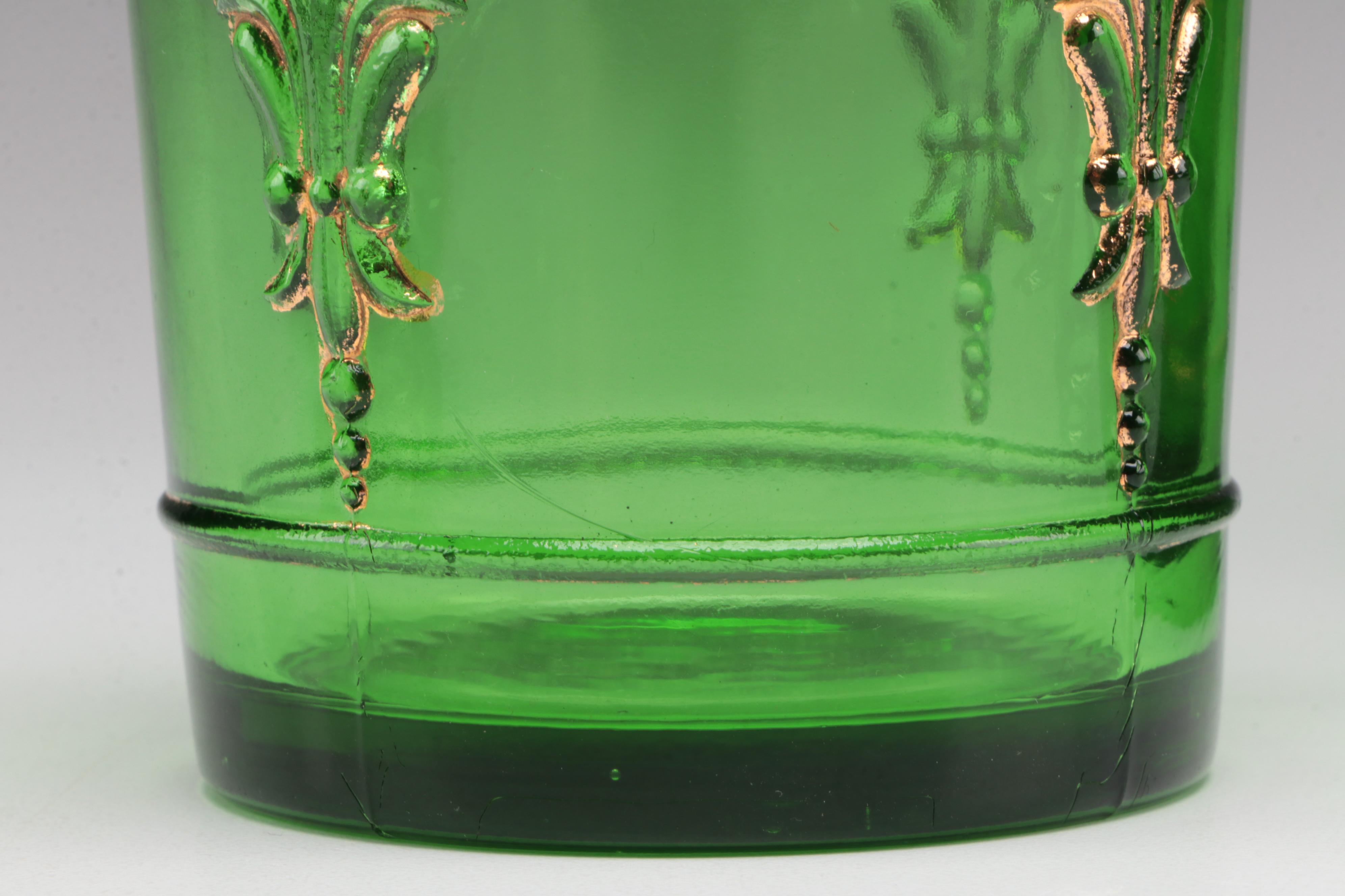 Heisey "Winged Scroll" Emerald Glass Pitcher, Bowl and Tumbler