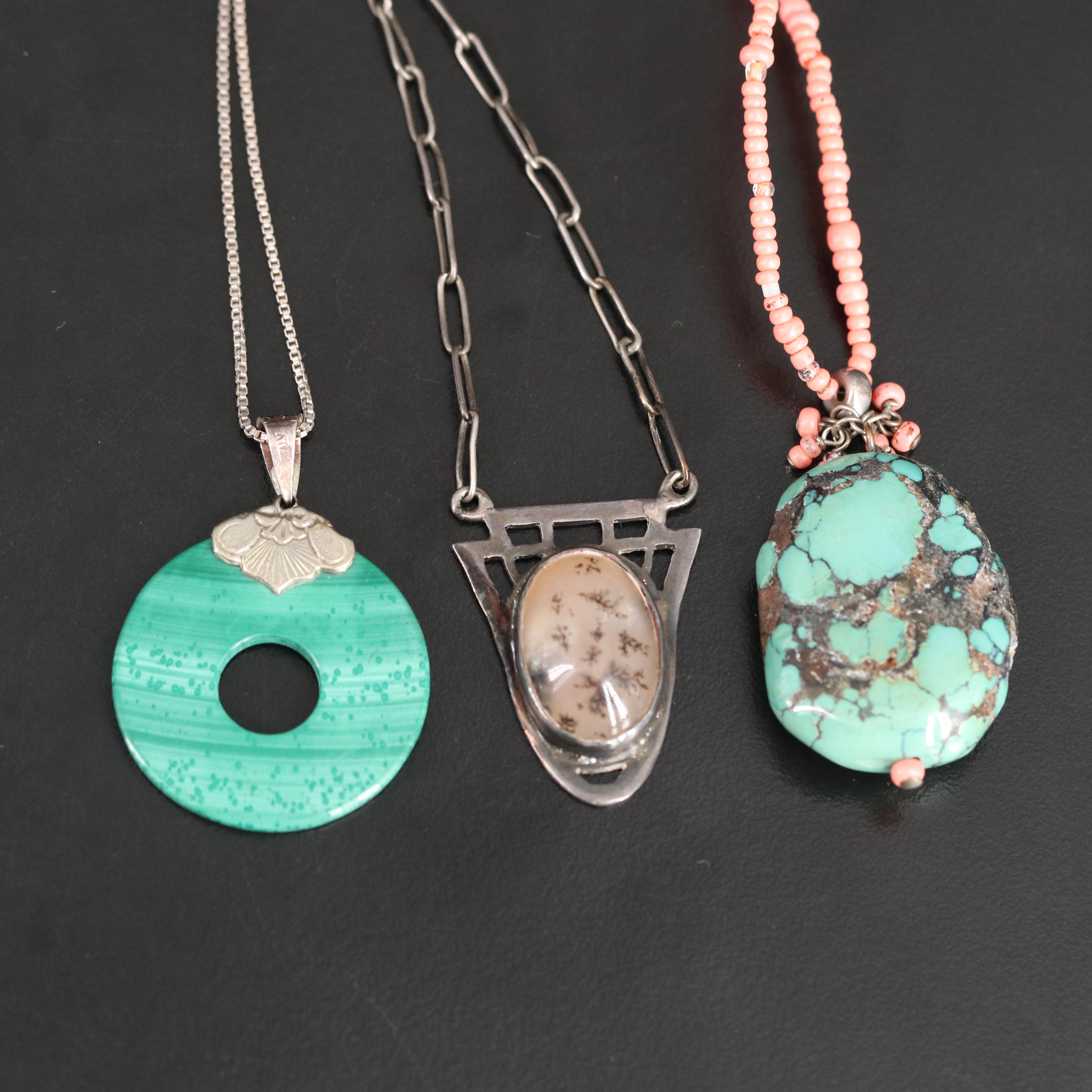 Sterling Necklaces Including Malachite, Agate and Turquoise