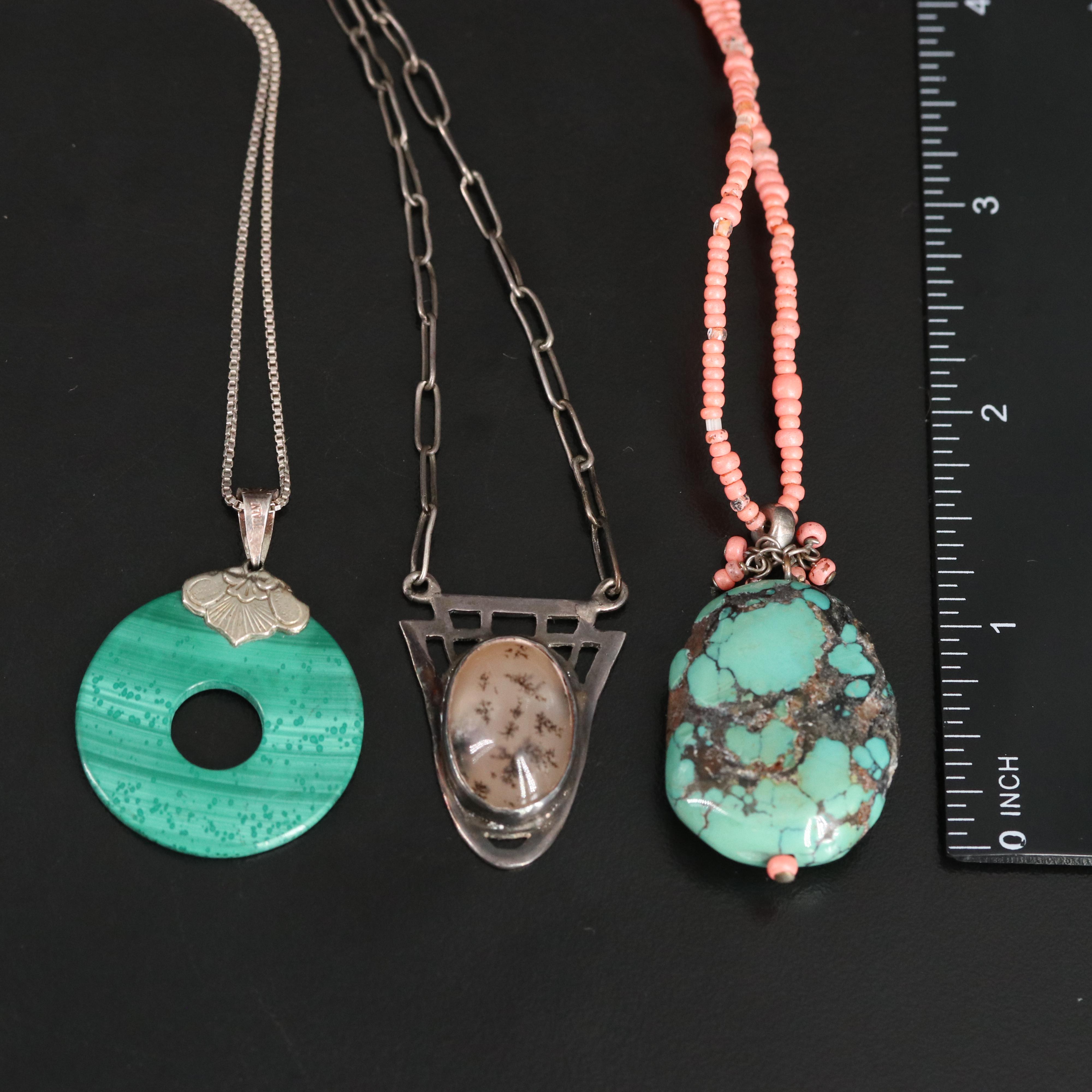 Sterling Necklaces Including Malachite, Agate and Turquoise