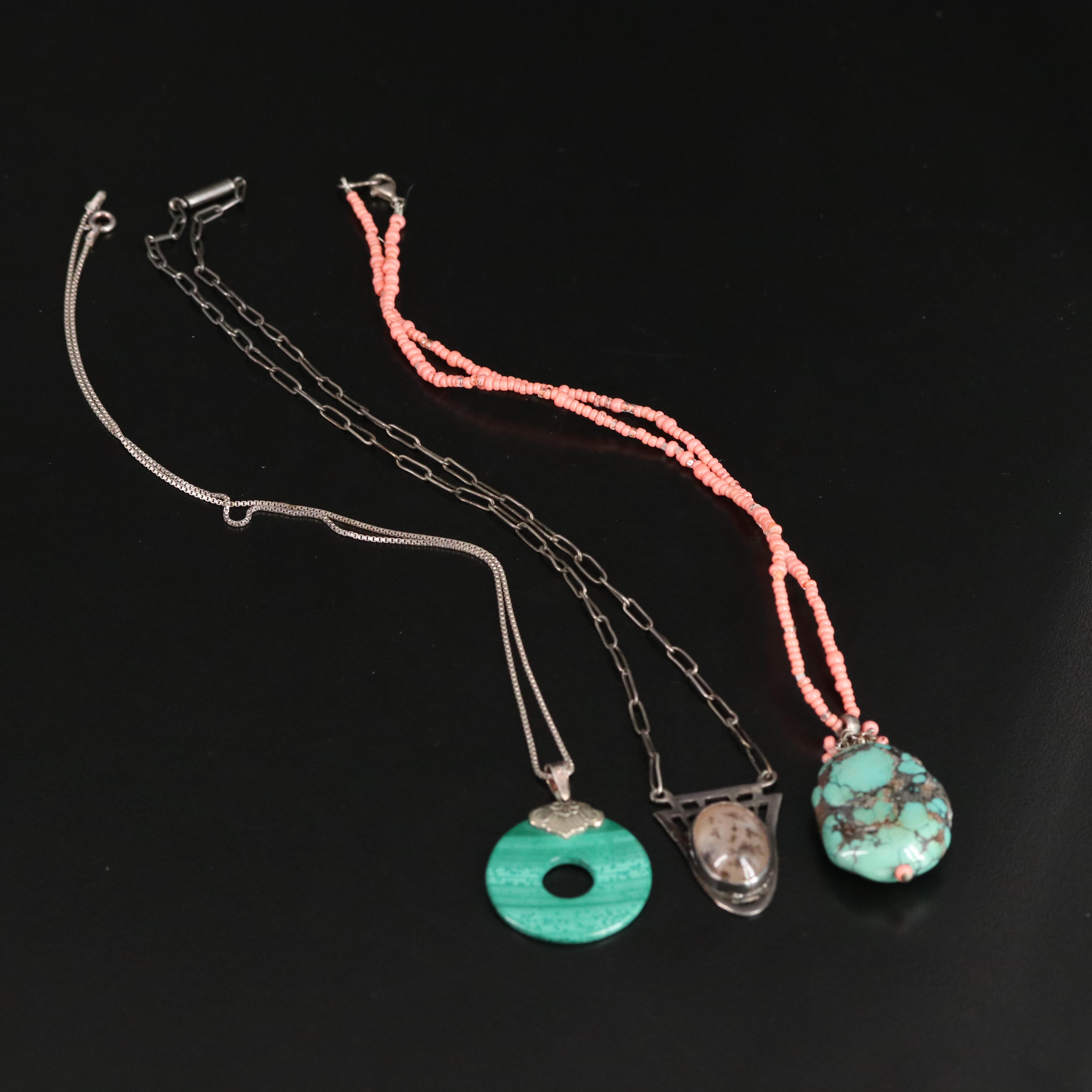 Sterling Necklaces Including Malachite, Agate and Turquoise