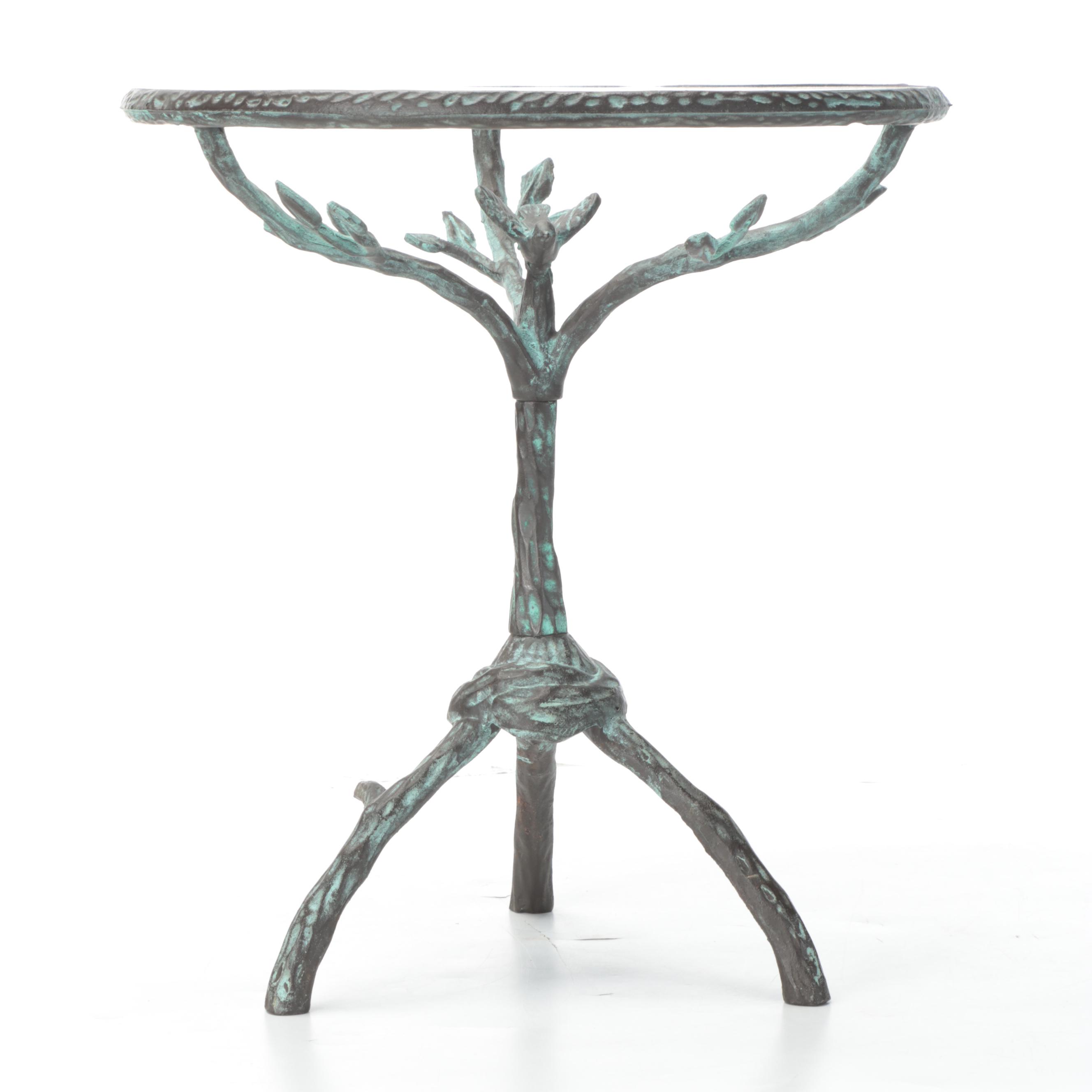 Glass Top Iron Side Table with Twisted Branch Motif and Verdigris Finish