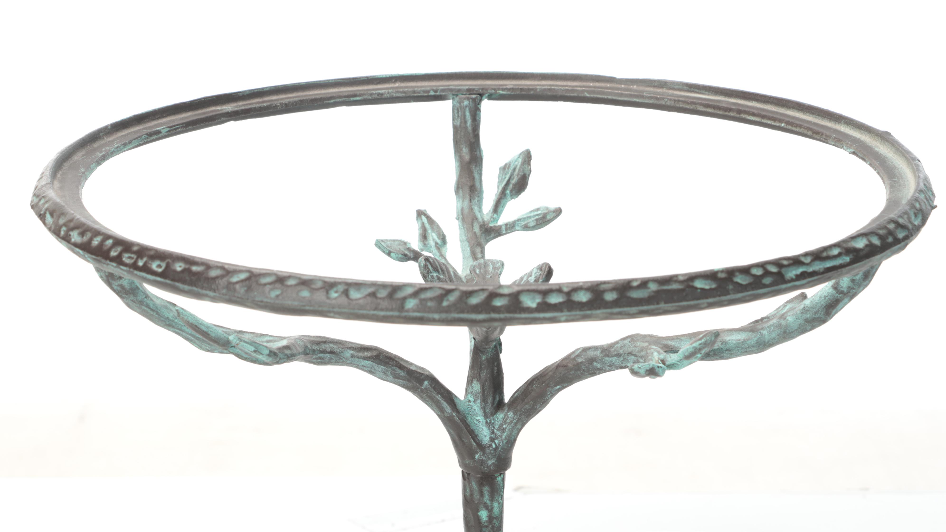 Glass Top Iron Side Table with Twisted Branch Motif and Verdigris Finish