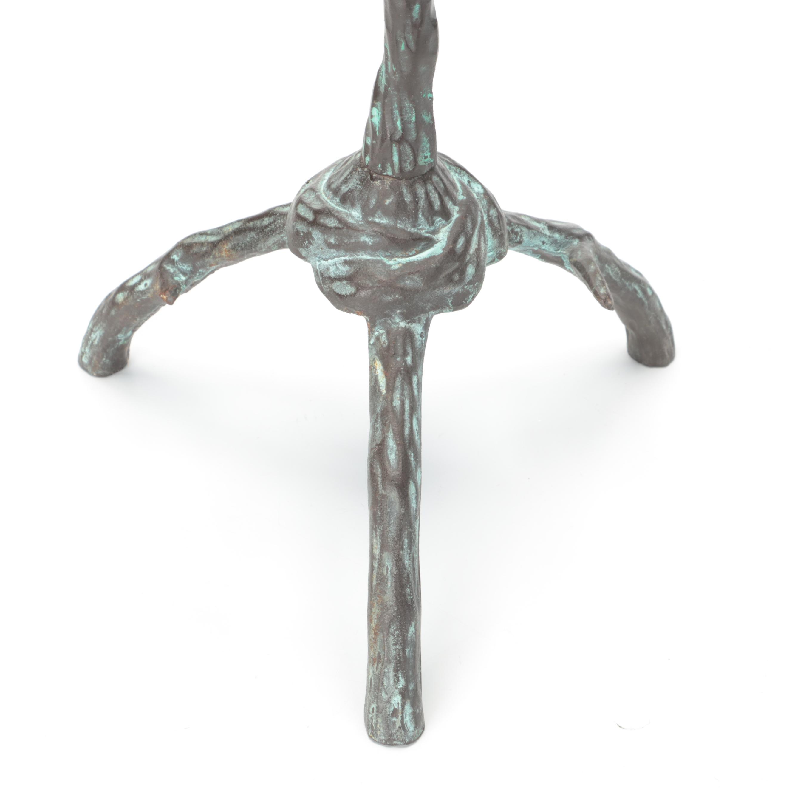 Glass Top Iron Side Table with Twisted Branch Motif and Verdigris Finish