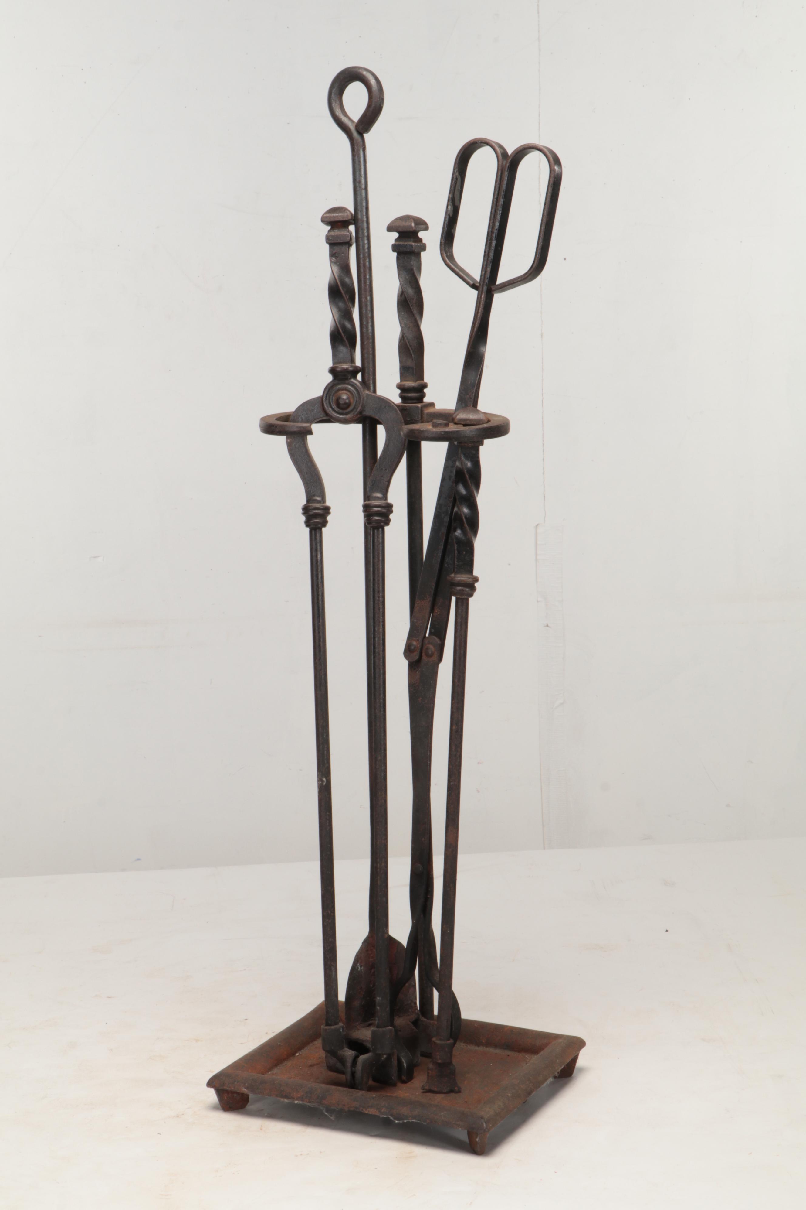 Cast Iron Fireplace Tool Set with Metal and Brass Log Holder