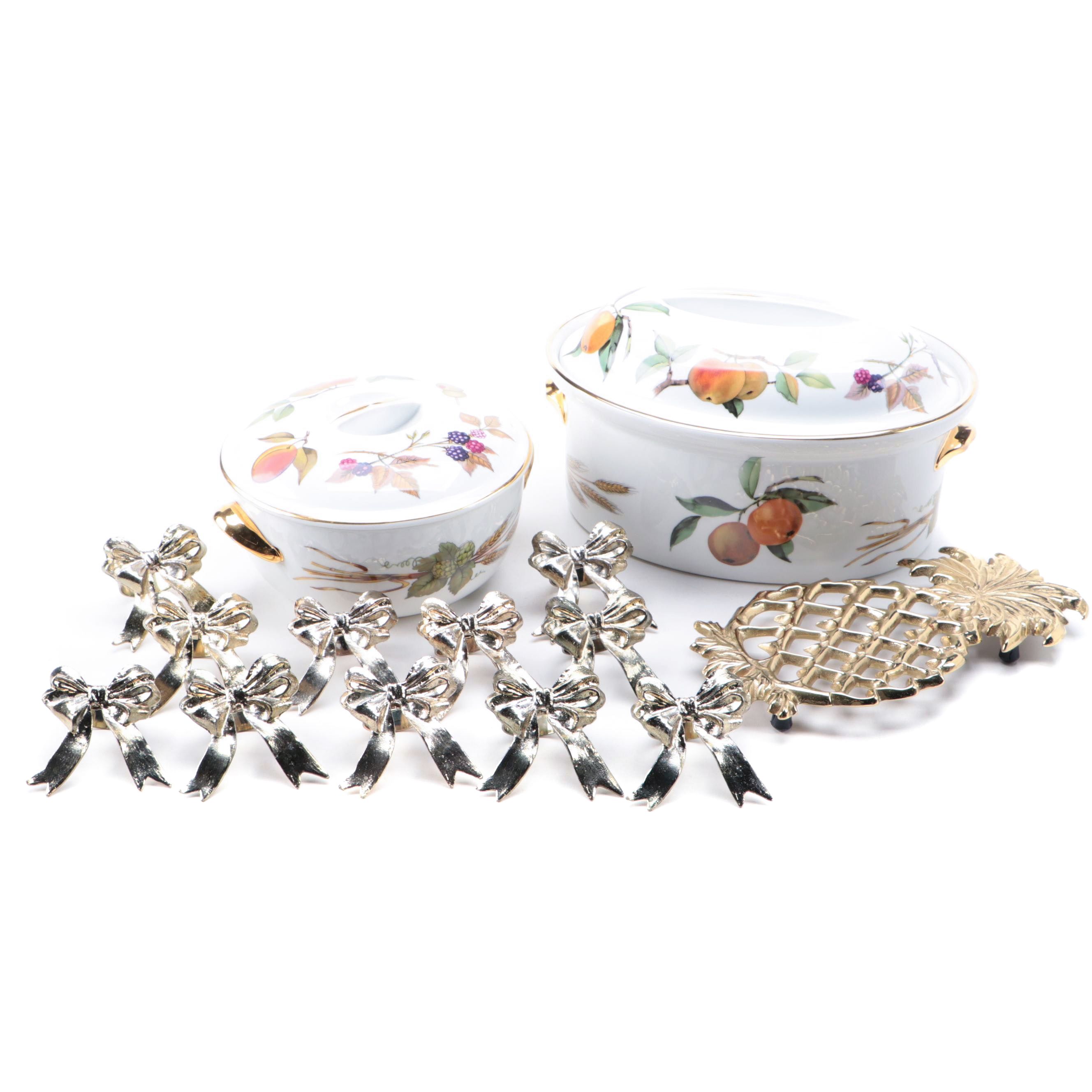 Royal Worcester "Evesham" Ceramic Casseroles with Brass Napkin Rings and Trivet
