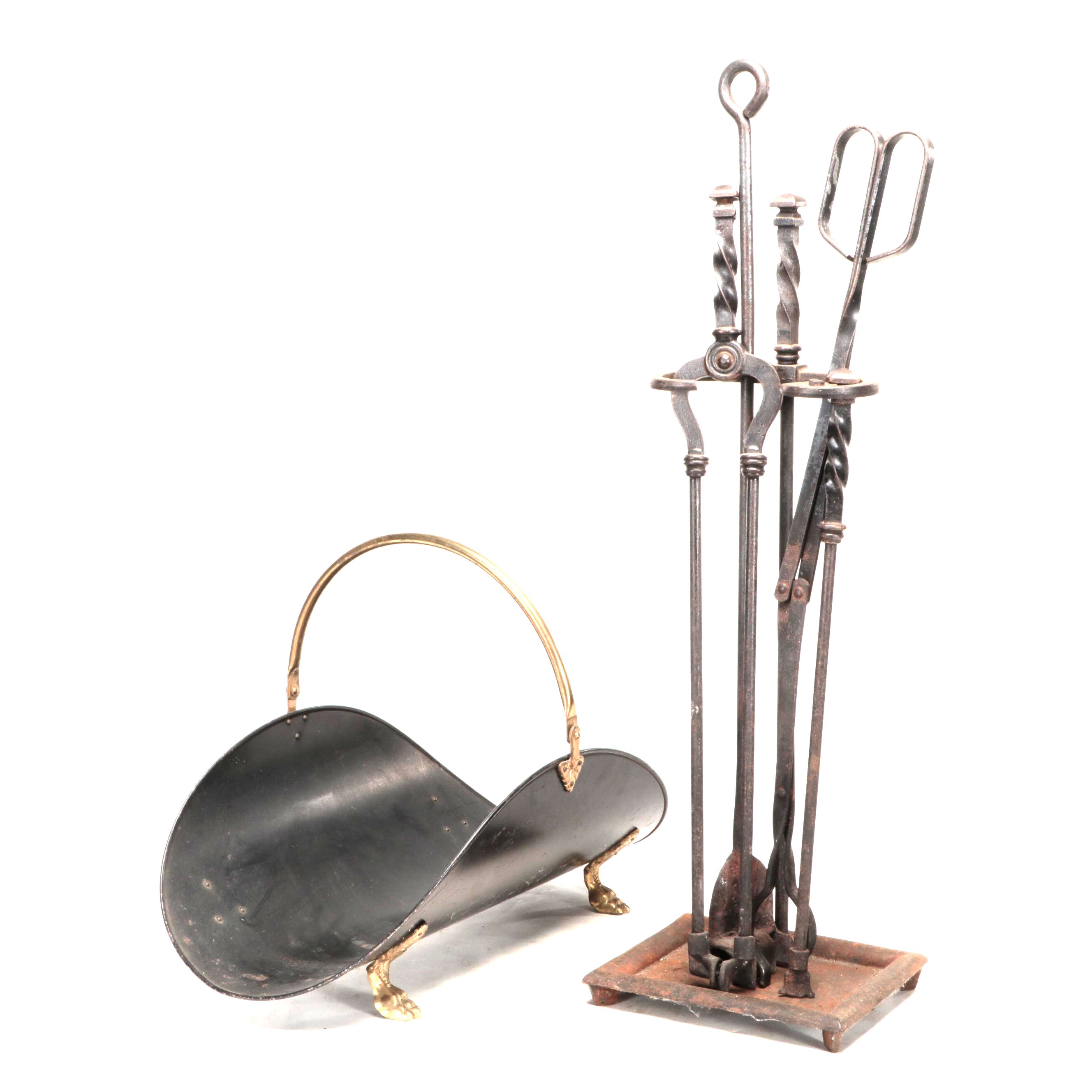 Cast Iron Fireplace Tool Set with Metal and Brass Log Holder