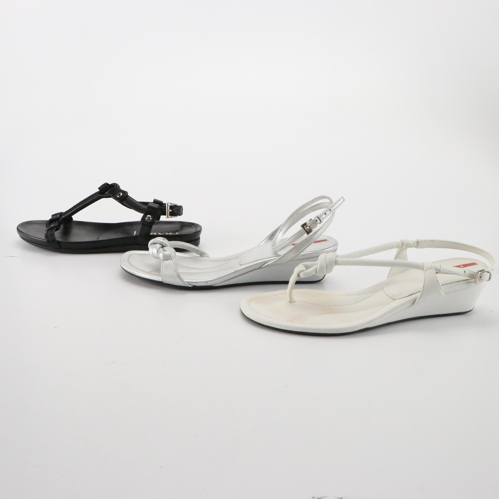 Prada White and Silver Wedge Sandals with Black Flat Sandals