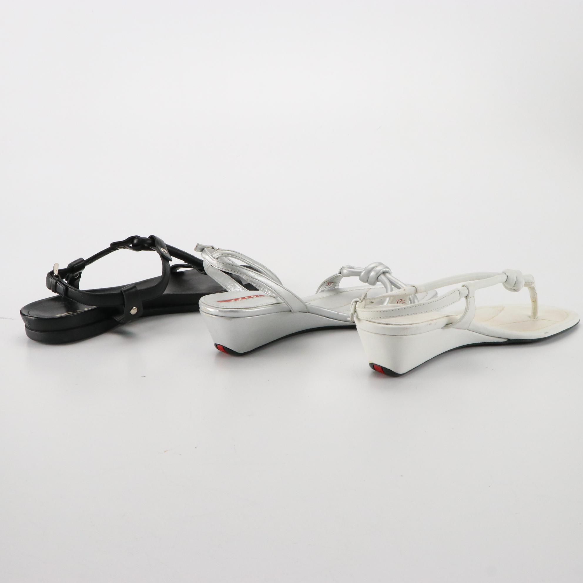 Prada White and Silver Wedge Sandals with Black Flat Sandals