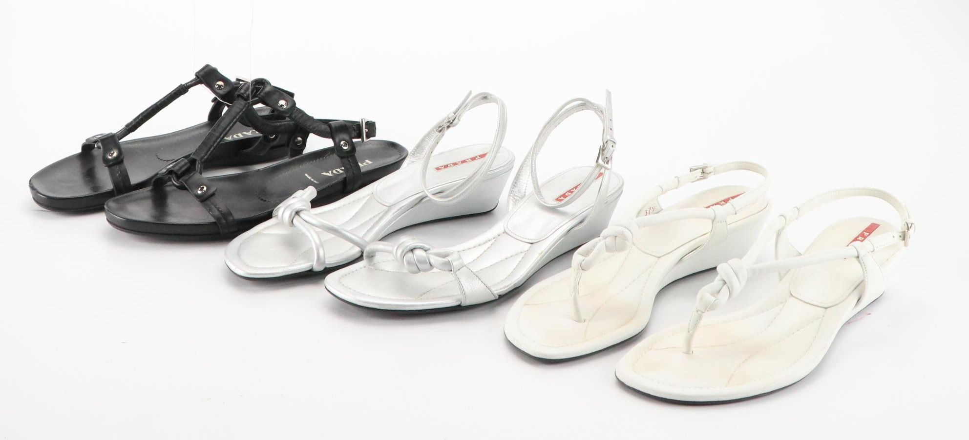 Prada White and Silver Wedge Sandals with Black Flat Sandals