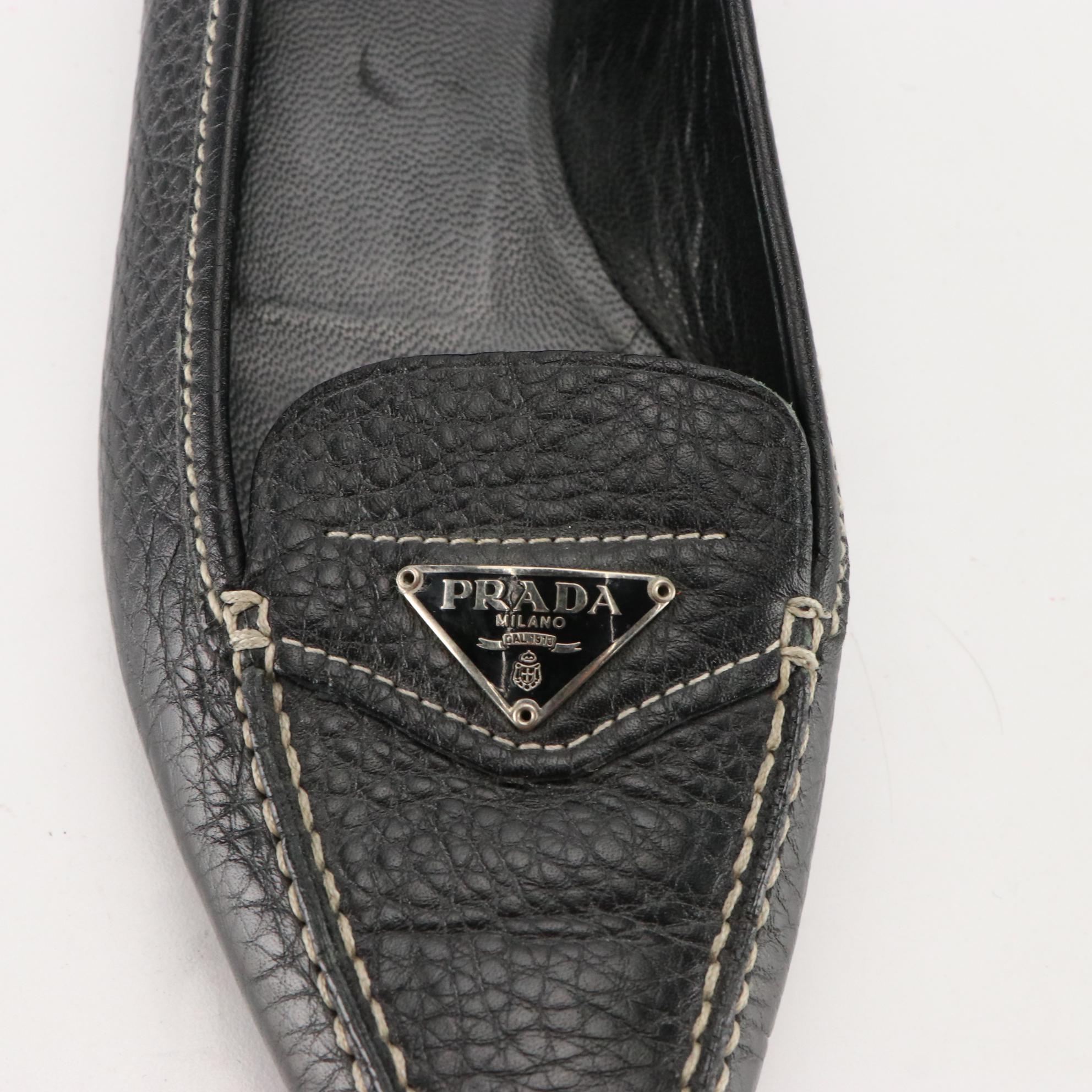 Prada Pointed Toe Loafers in Black Grained Leather with Logo Plaque