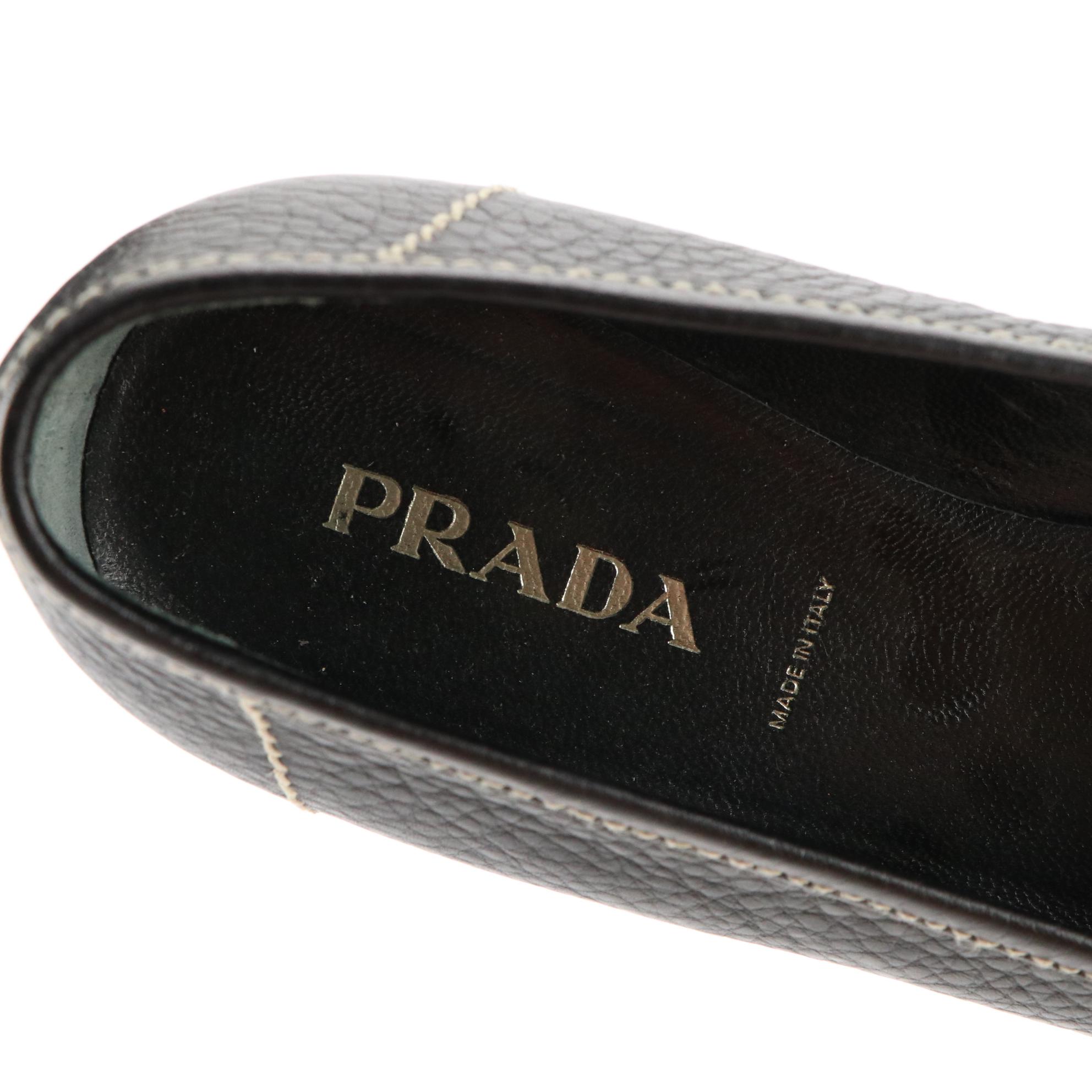 Prada Pointed Toe Loafers in Black Grained Leather with Logo Plaque