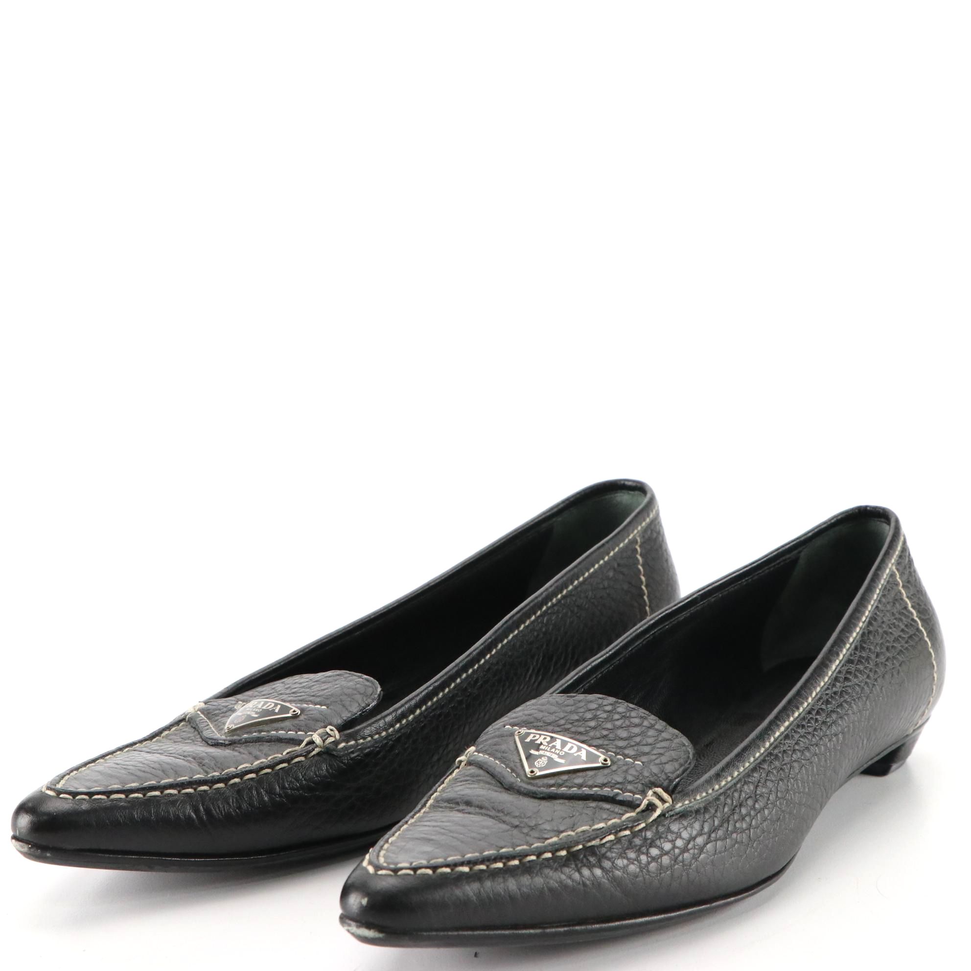 Prada Pointed Toe Loafers in Black Grained Leather with Logo Plaque