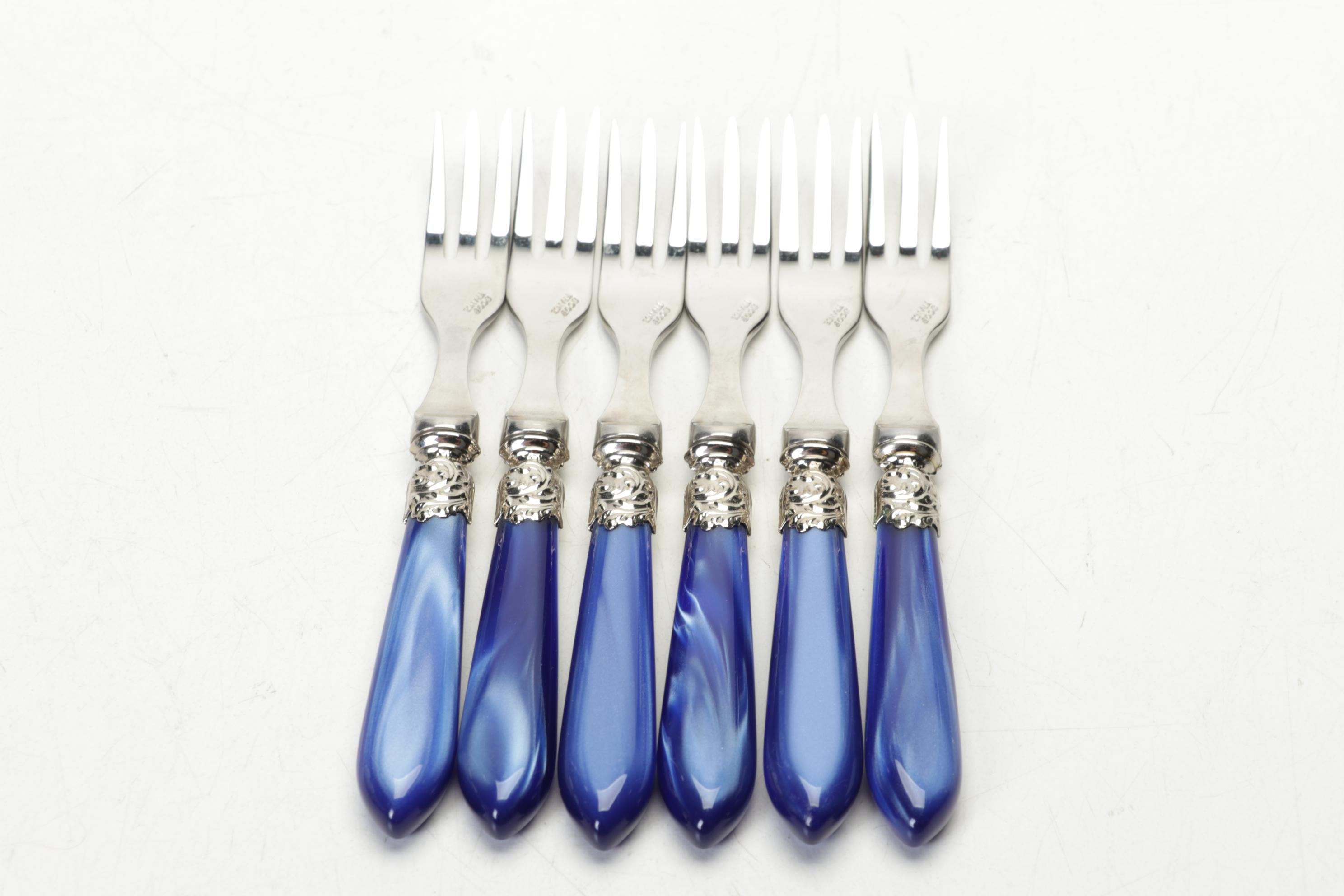 Scof French Blue Pompadour Pearlized-Handle and Stainless Steel Flatware Set