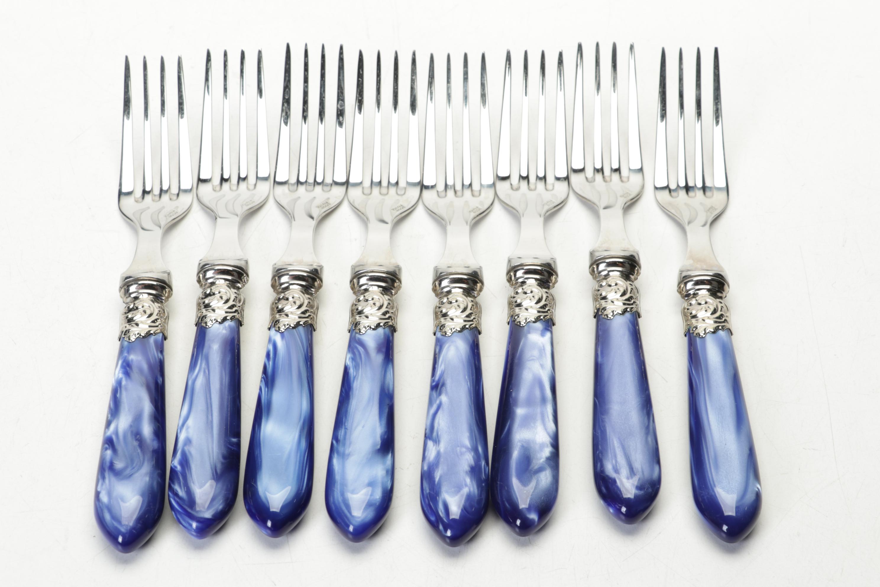 Scof French Blue Pompadour Pearlized-Handle and Stainless Steel Flatware Set