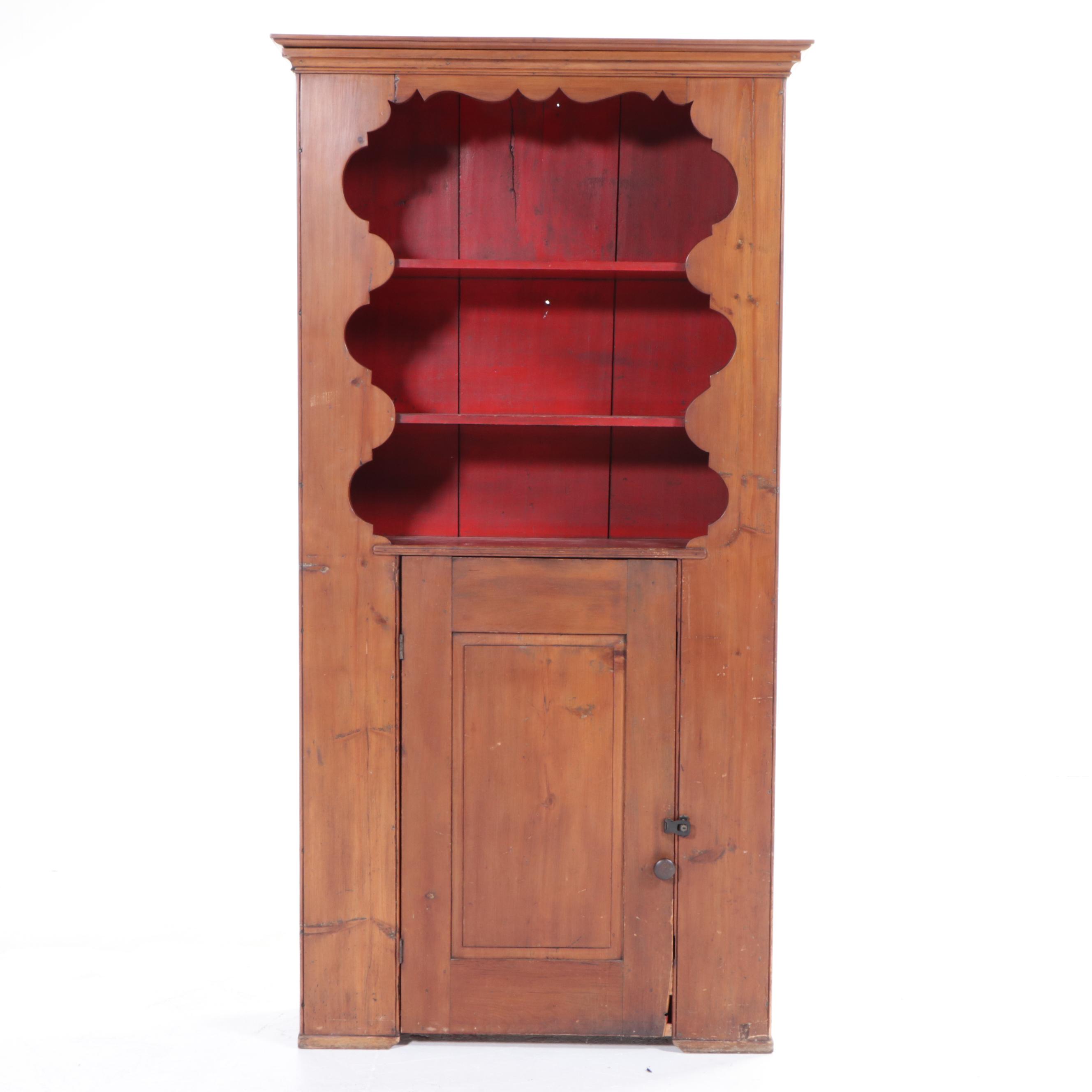 American Colonial Pine Cupboard with Scalloped Valance, Early 19th Century