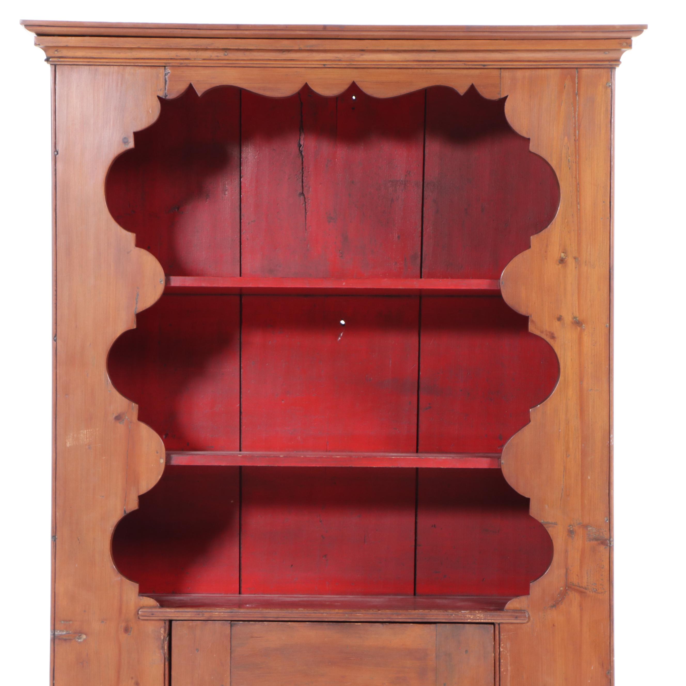 American Colonial Pine Cupboard with Scalloped Valance, Early 19th Century