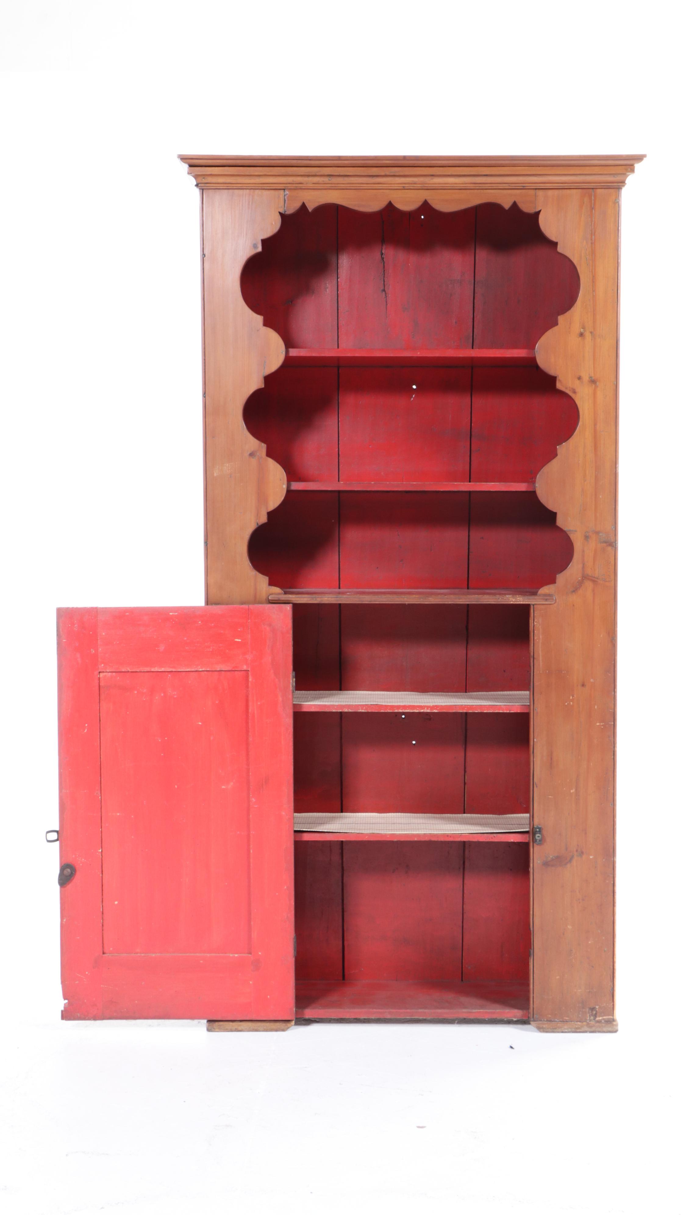 American Colonial Pine Cupboard with Scalloped Valance, Early 19th Century