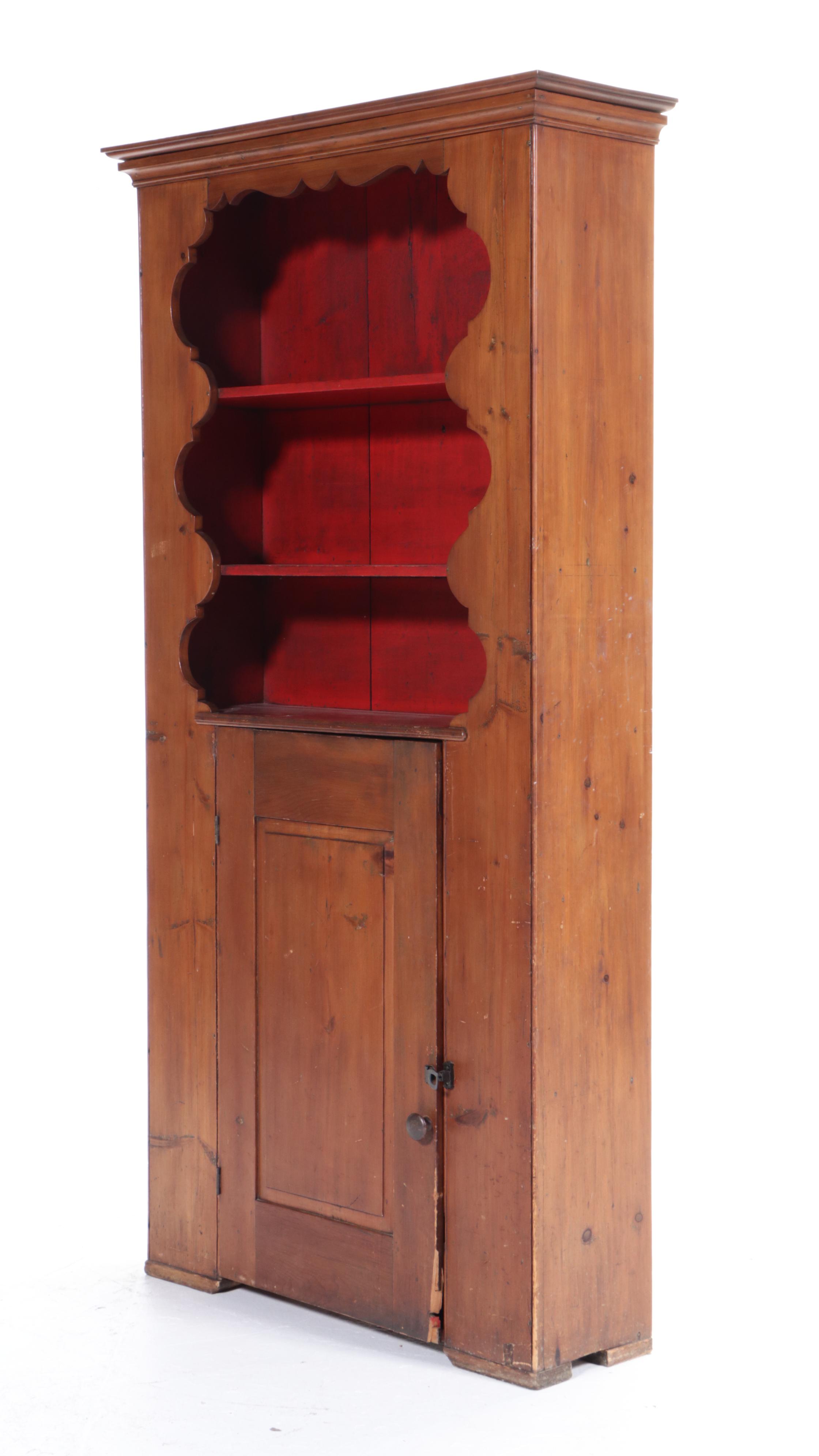 American Colonial Pine Cupboard with Scalloped Valance, Early 19th Century