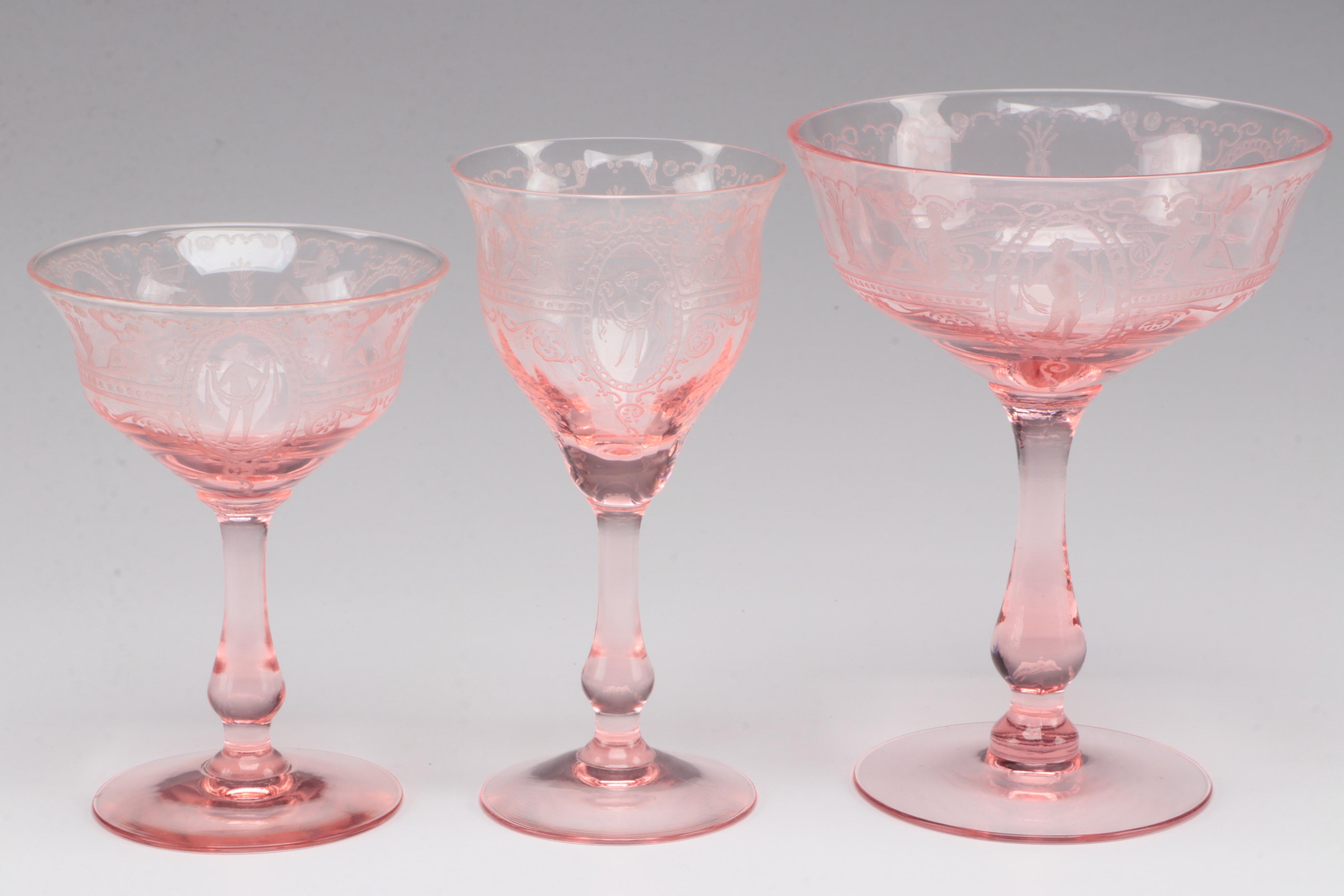 Fry Glass Woman in Cameo Pink Depression Glass Acid Etched Stemware